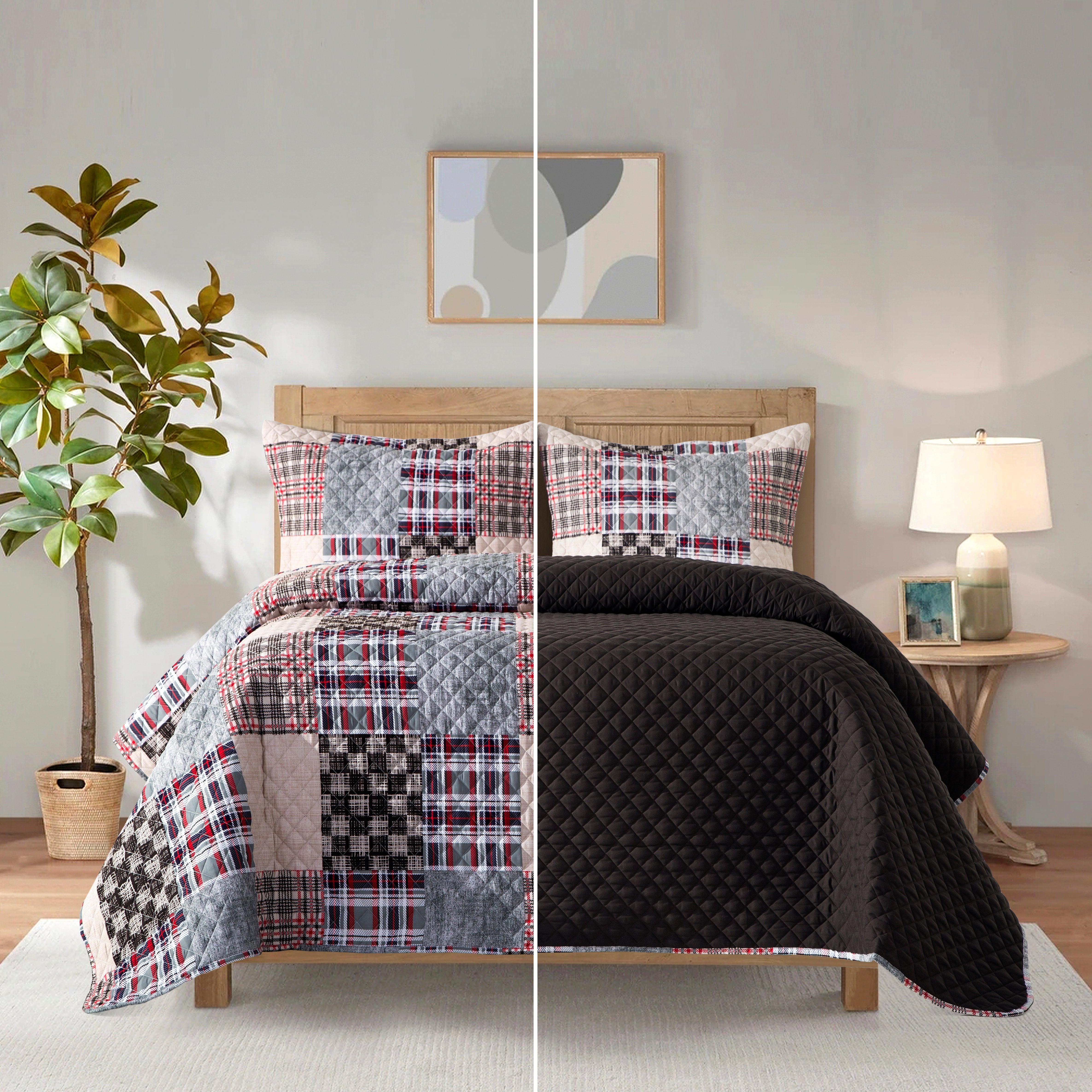 Everlaneas 3-Piece Patch Plaid Quilted Reversible Bedspread Coverlet Set