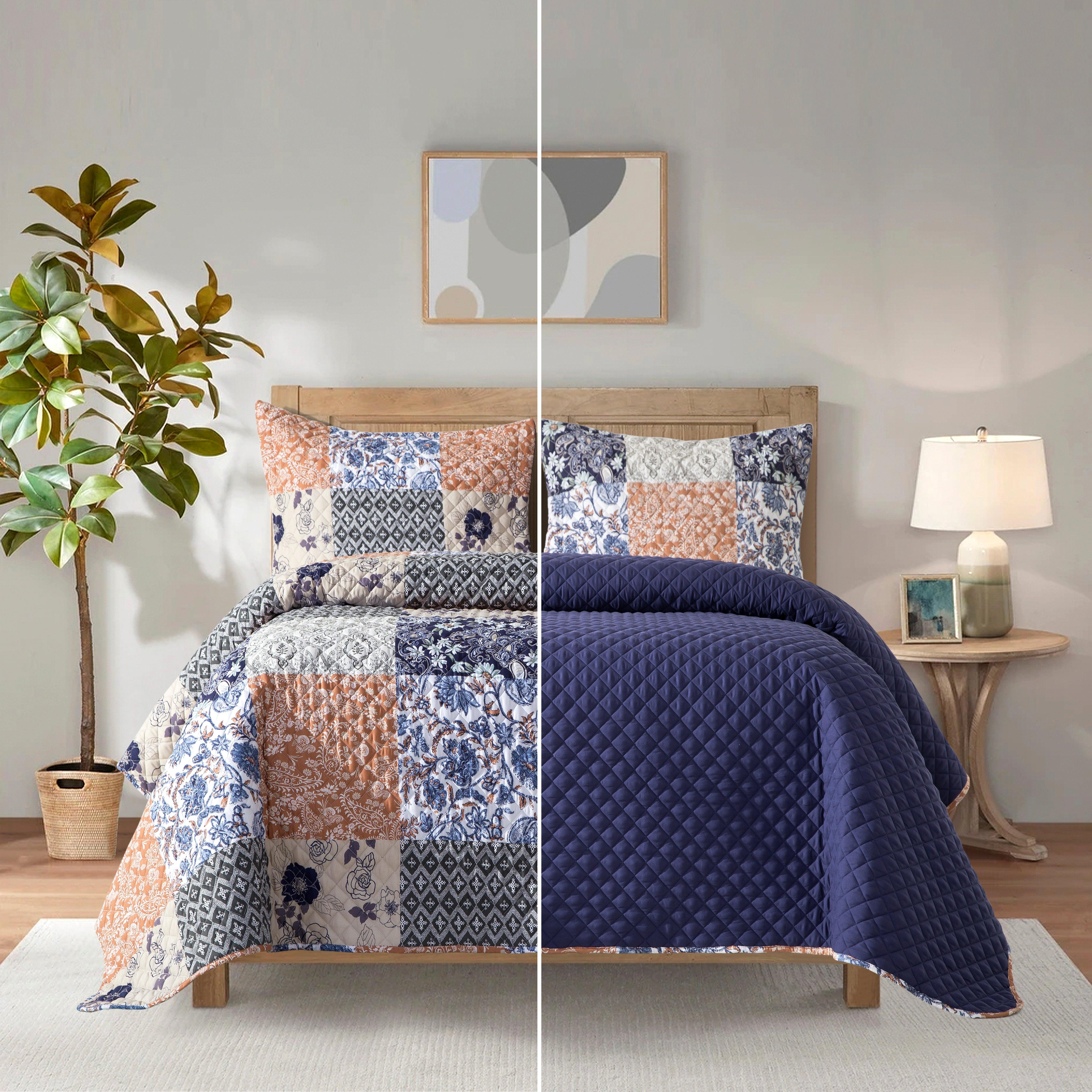 Everlaneas 3-Piece Patch Plaid Quilted Reversible Bedspread Coverlet Set