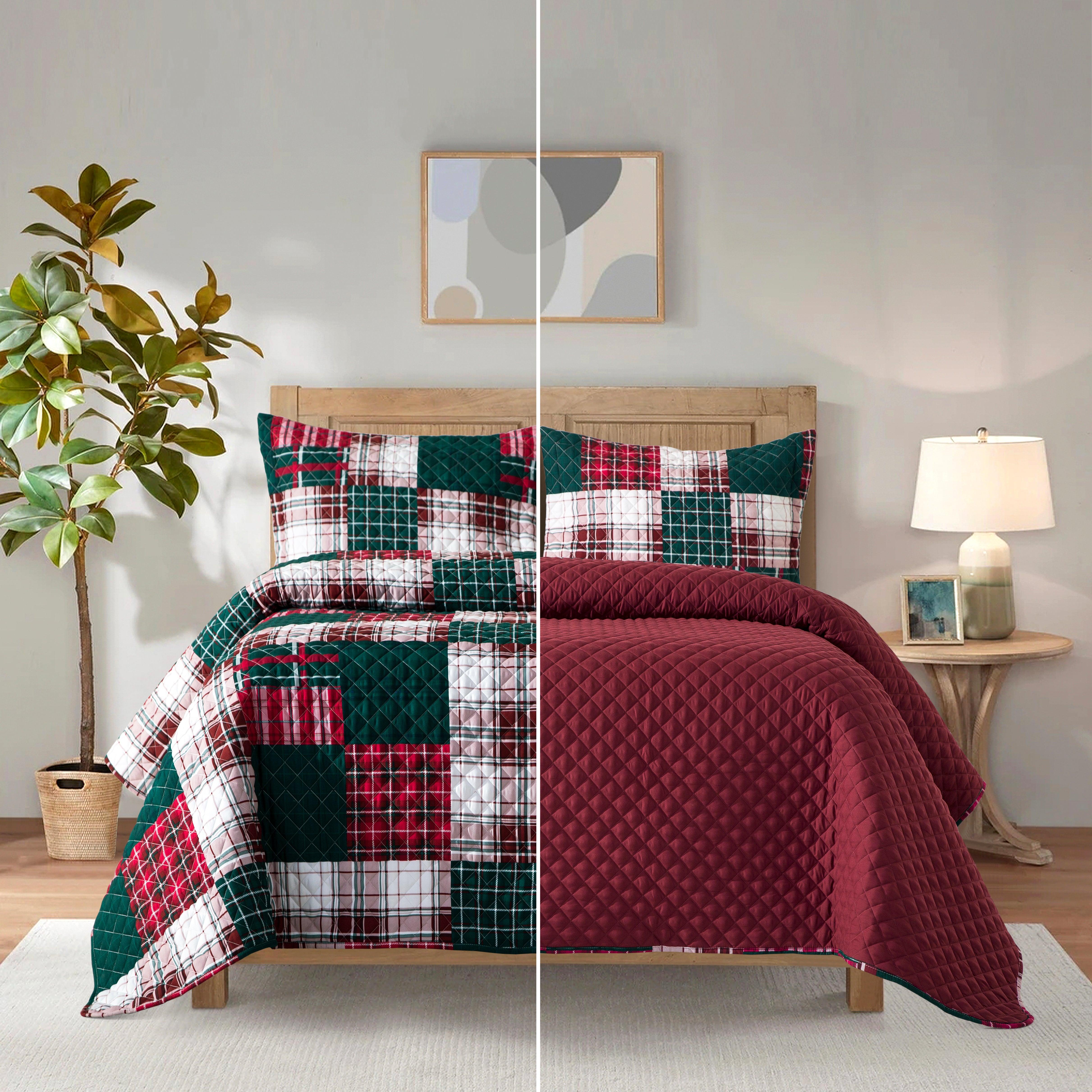 Everlaneas 3-Piece Patch Plaid Quilted Reversible Bedspread Coverlet Set