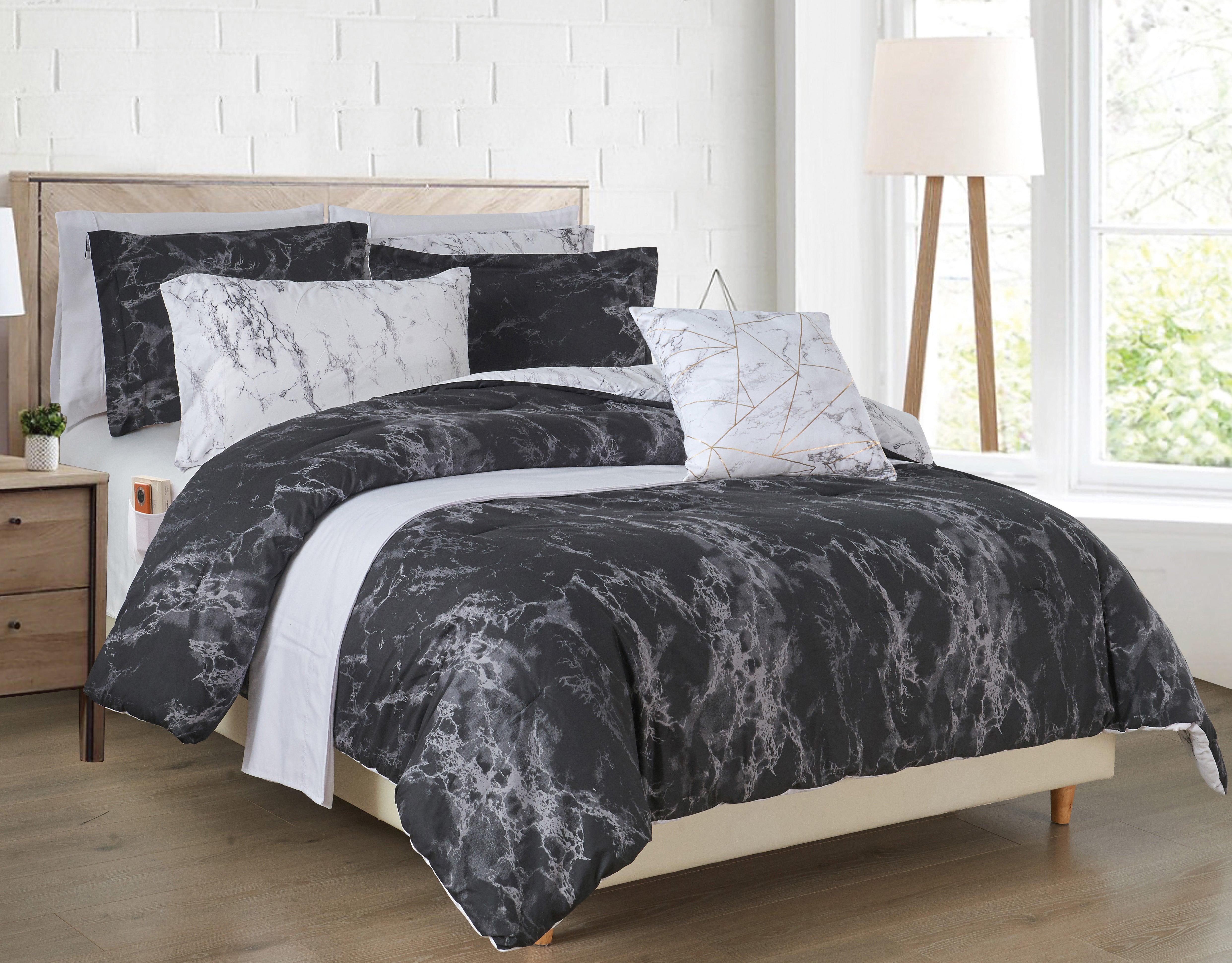 Everlaneas Reversible 10-Piece Marble Print Comforter Set, Includes 6-Piece Sheet Set with Double Sided Storage Pockets