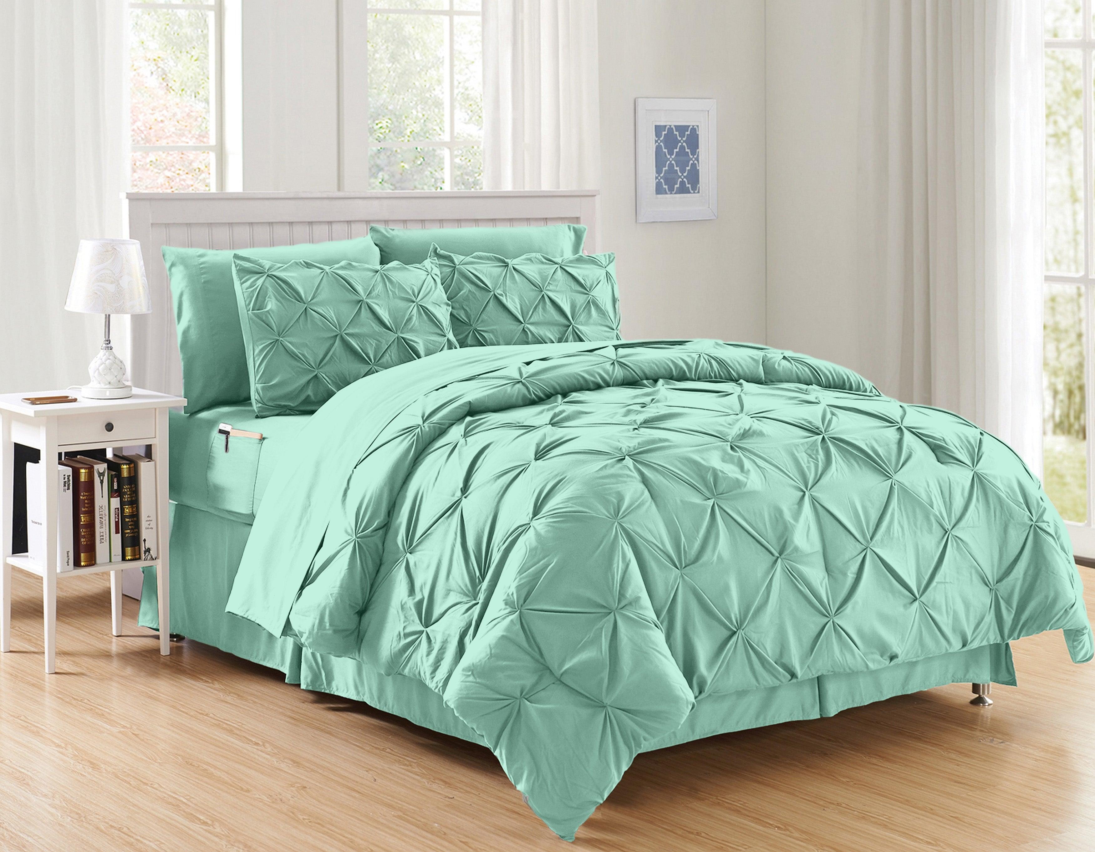 Everlaneas 8-Piece Pintuck Pinch Pleated Comforter Set - Includes 4-Piece Sheet Set with Double Sided Storage Pockets