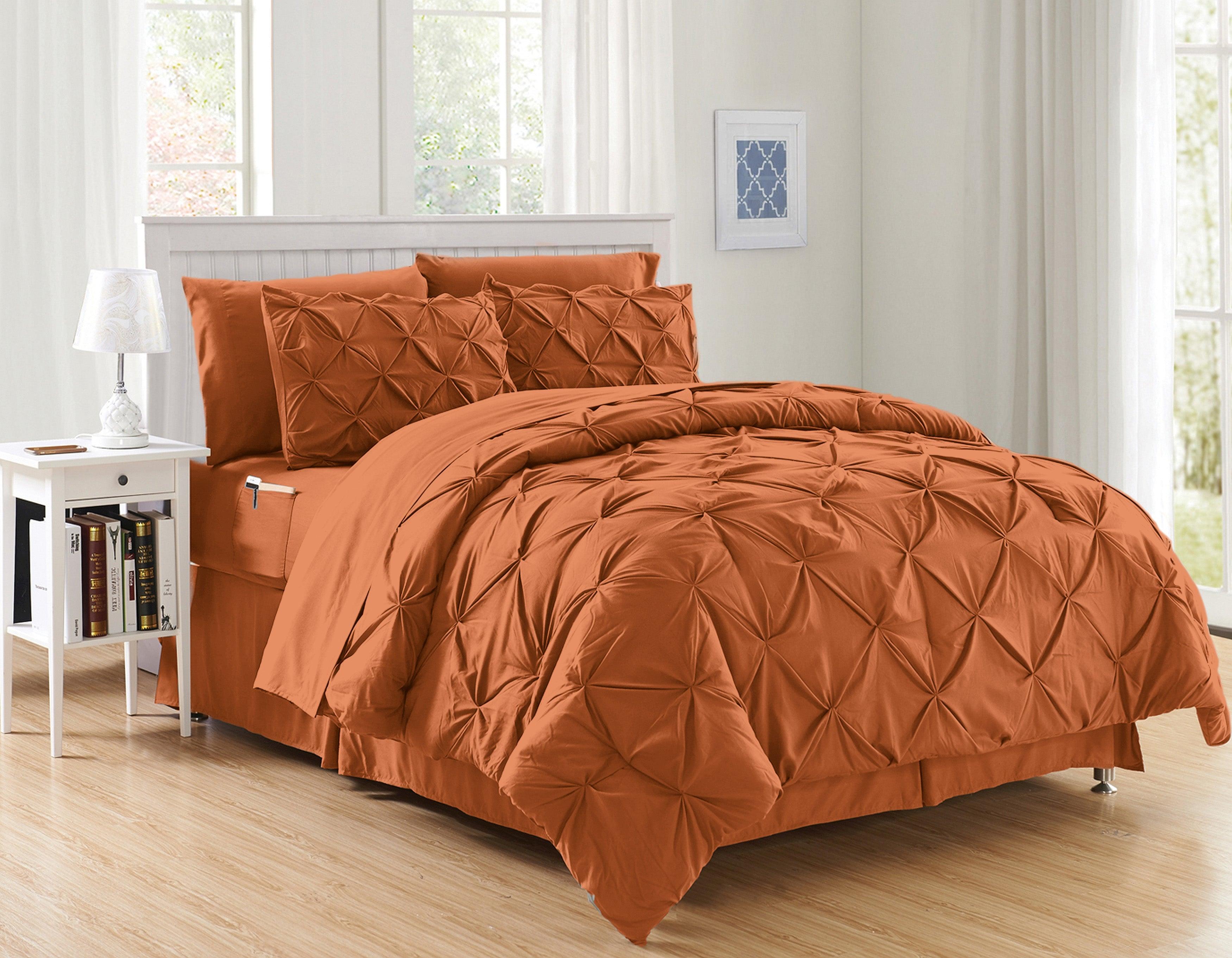Everlaneas 8-Piece Pintuck Pinch Pleated Comforter Set - Includes 4-Piece Sheet Set with Double Sided Storage Pockets