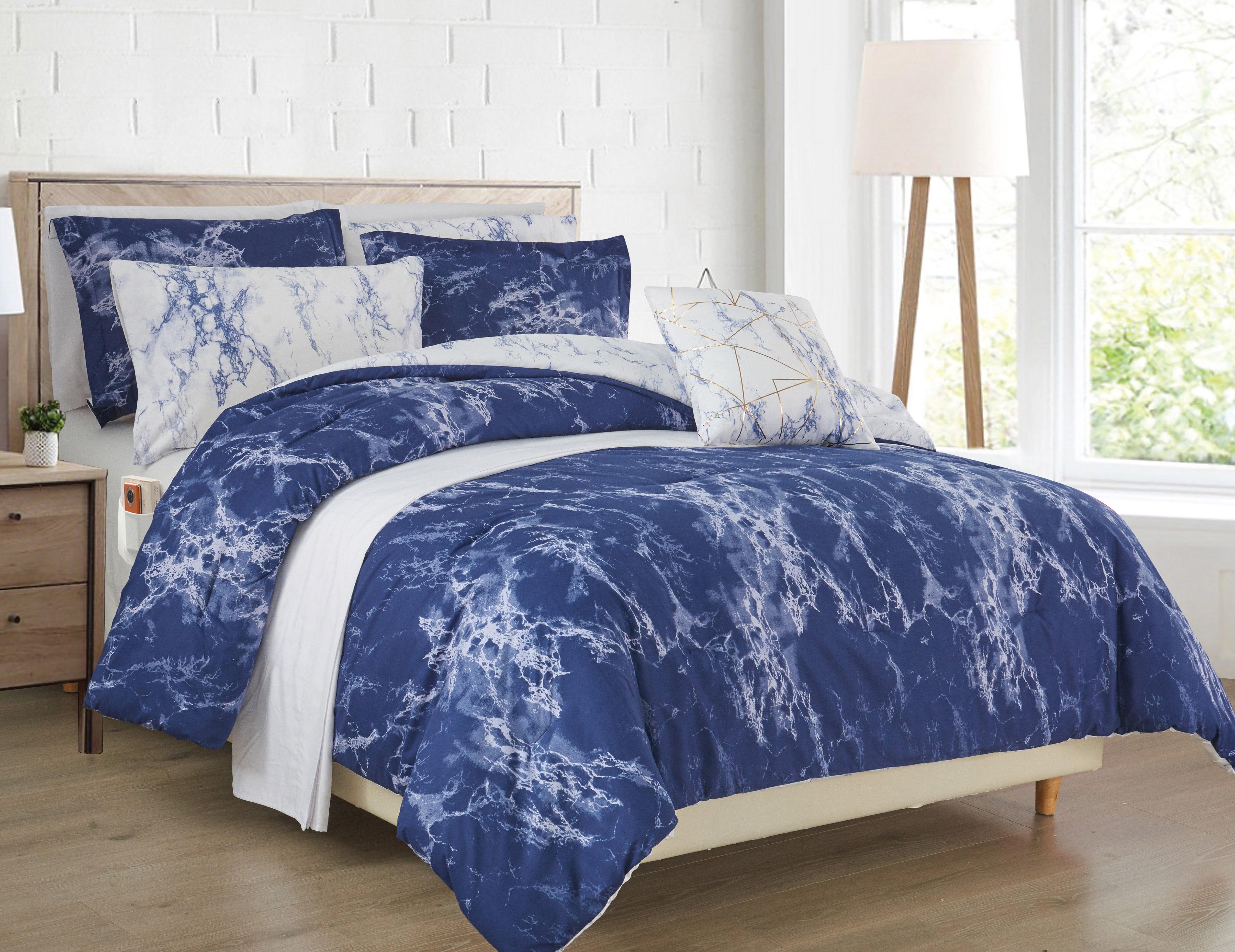 Everlaneas Reversible 10-Piece Marble Print Comforter Set, Includes 6-Piece Sheet Set with Double Sided Storage Pockets