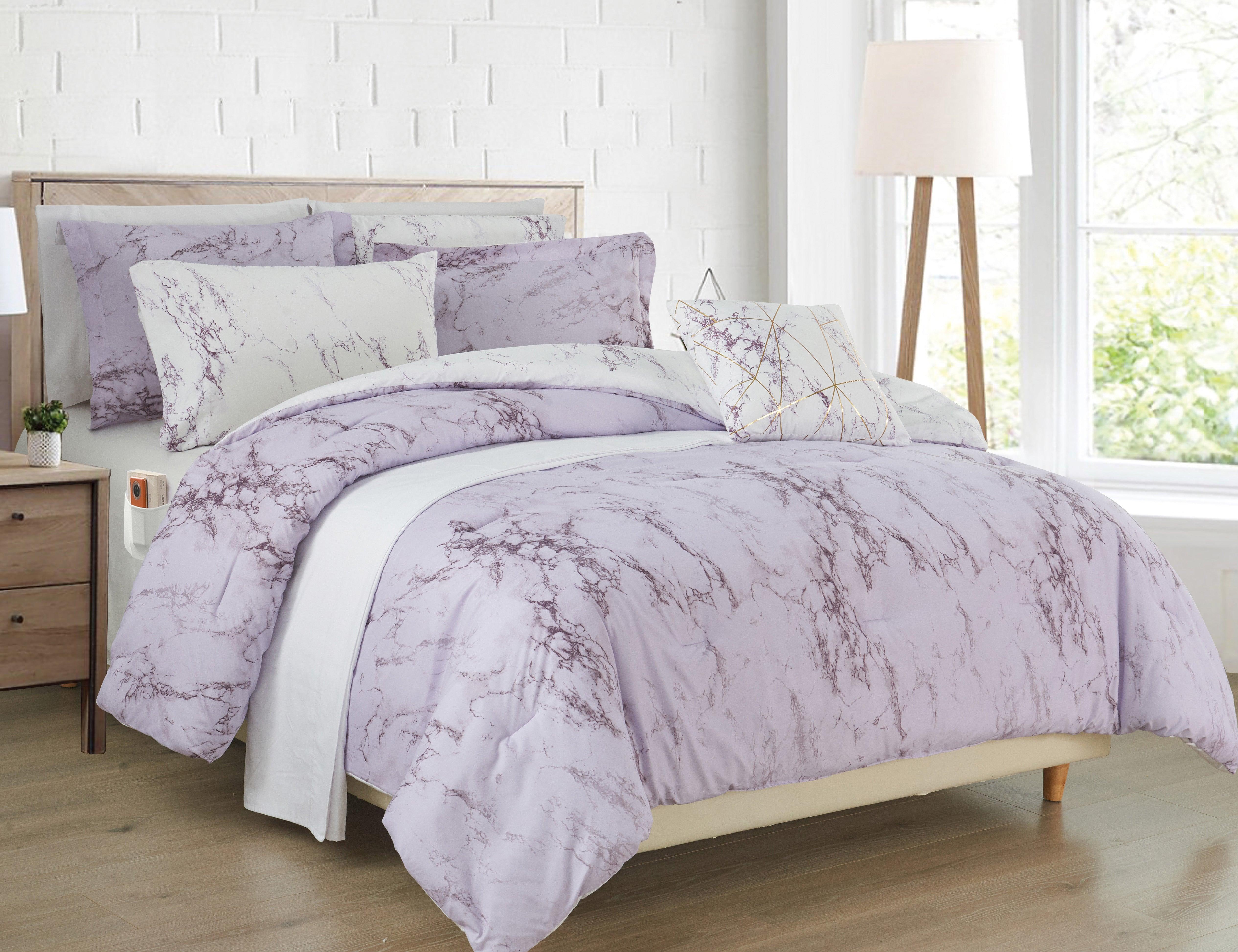 Everlaneas Reversible 10-Piece Marble Print Comforter Set, Includes 6-Piece Sheet Set with Double Sided Storage Pockets