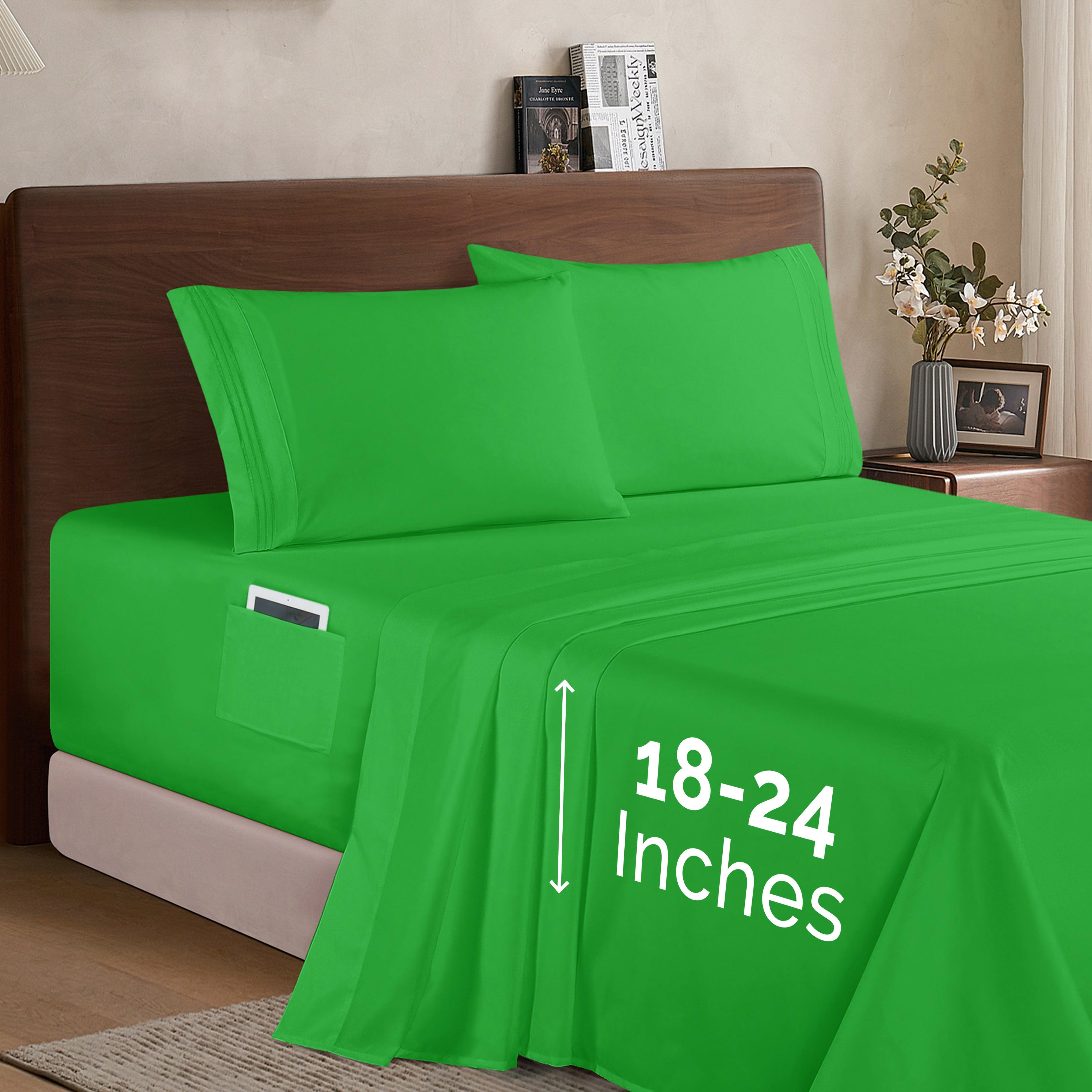 Everlaneas Extra deep 18-24 Inch Pocket 3 Line Embroidery, 4-Piece Sheet Set, Bright Shades