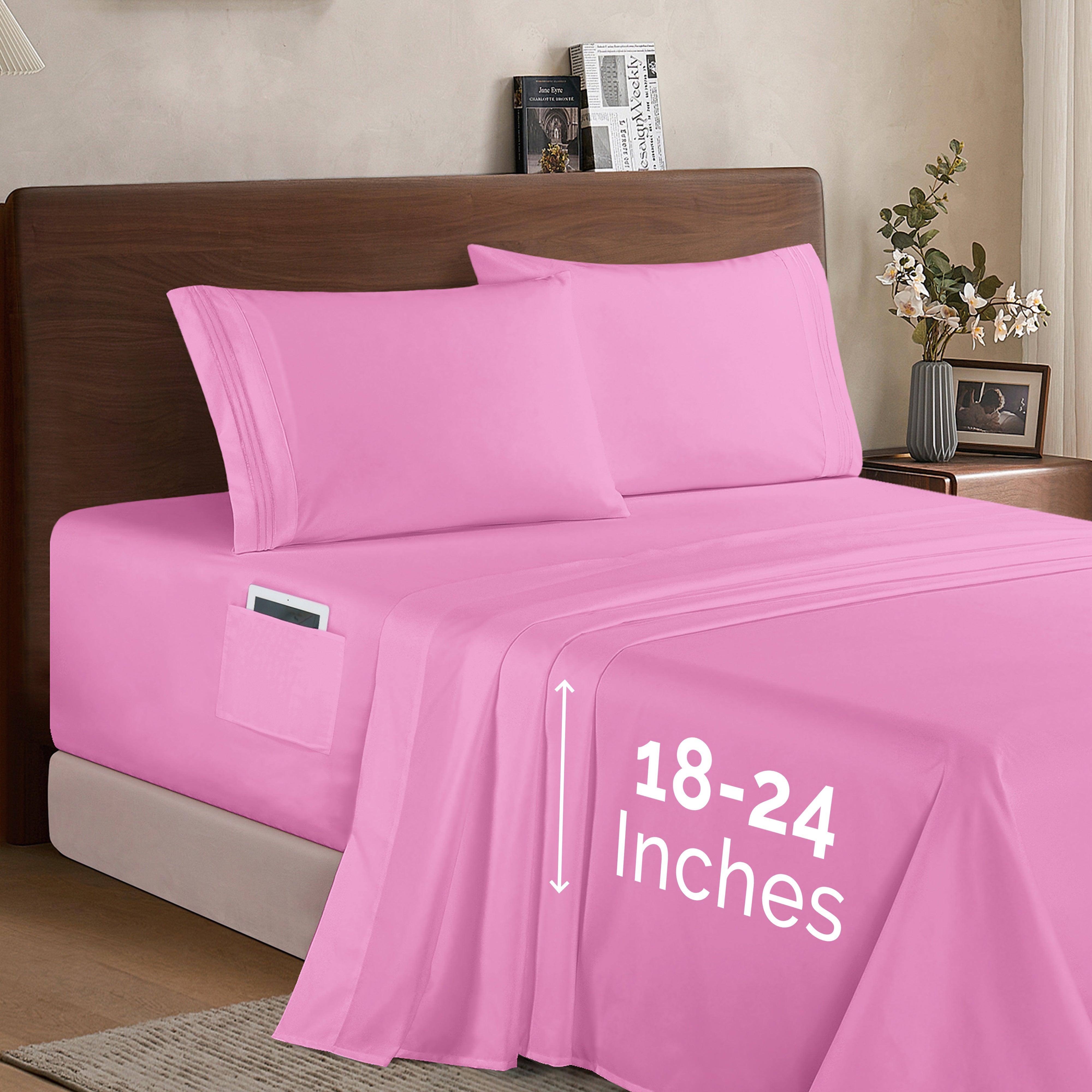 Everlaneas Extra deep 18-24 Inch Pocket 3 Line Embroidery, 4-Piece Sheet Set, Bright Shades