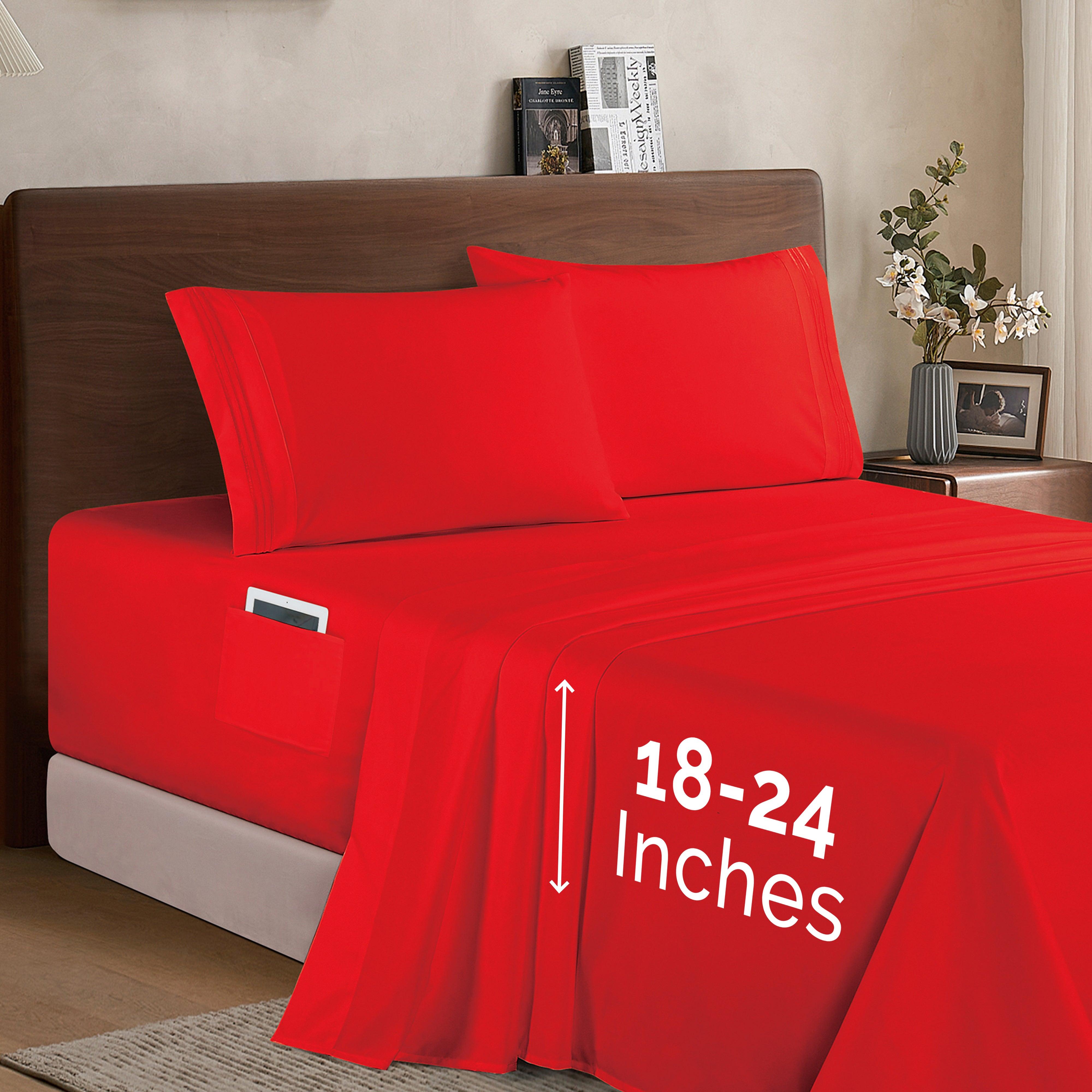 Everlaneas Extra deep 18-24 Inch Pocket 3 Line Embroidery, 4-Piece Sheet Set, Bright Shades