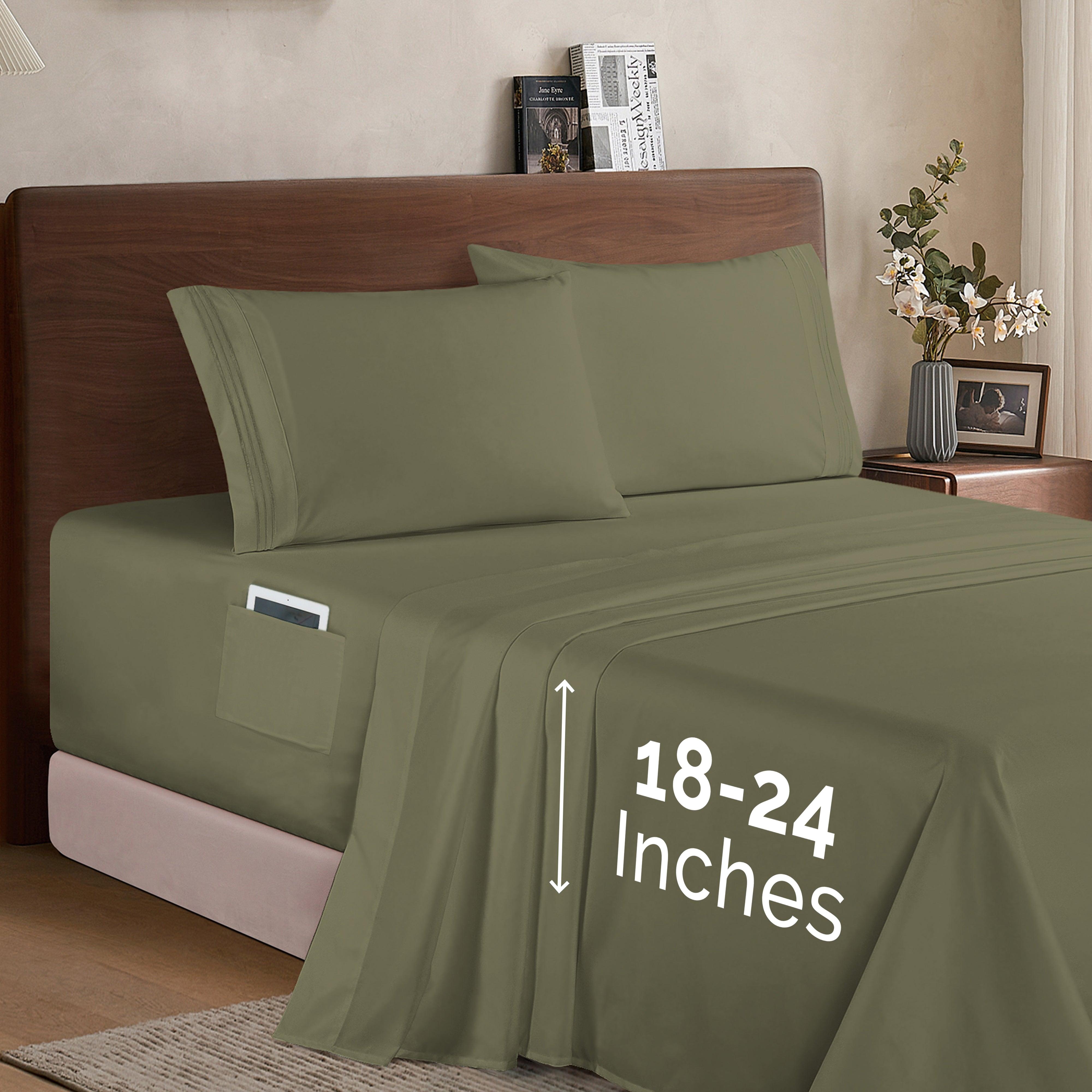 Everlaneas Extra deep 18-24 Inch Pocket 3 Line Embroidery, 4-Piece Sheet Set, Moody Shades