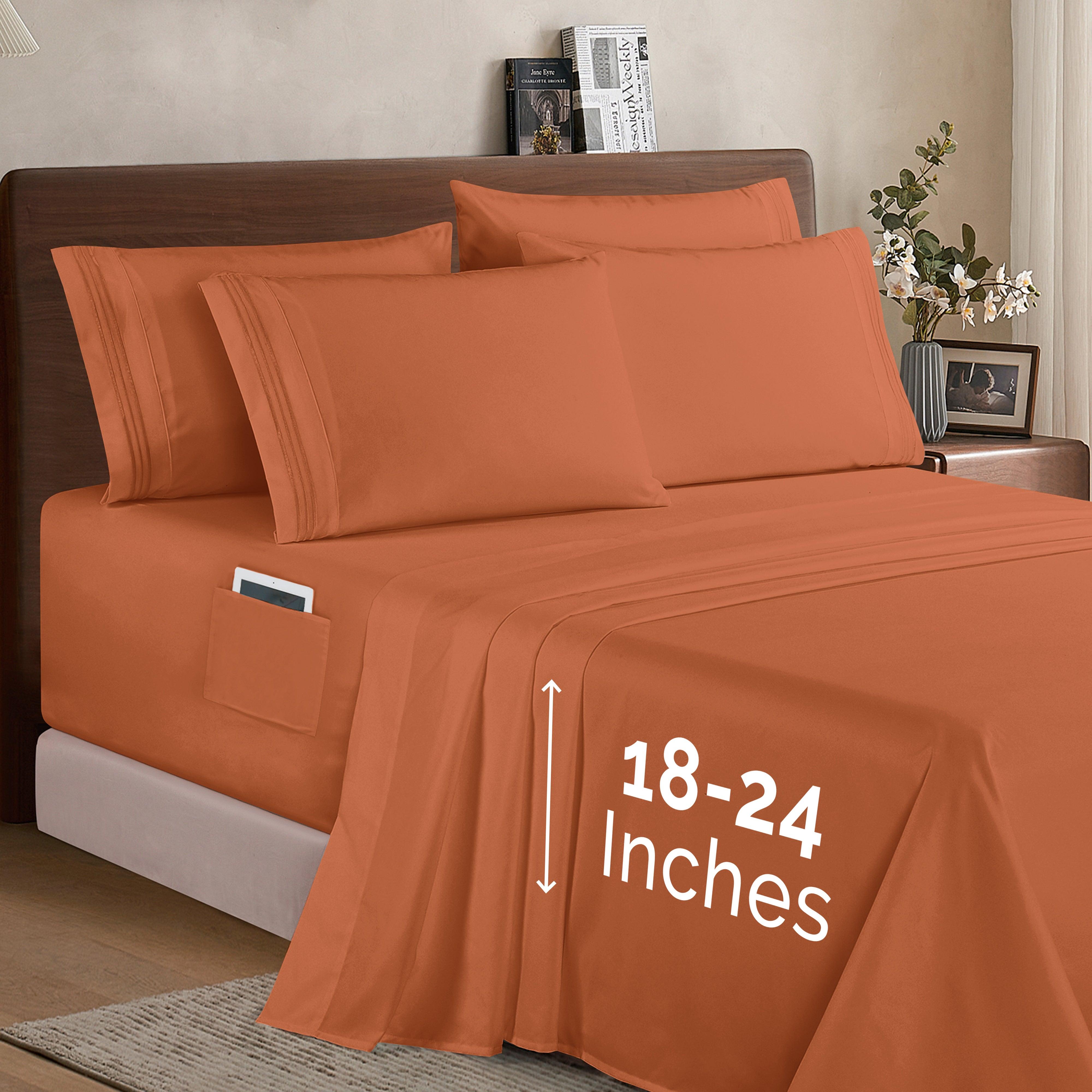 Everlaneas Extra deep 18-24 Inch Pocket 3 Line Embroidery, 6-Piece Sheet Set, Moody Shades