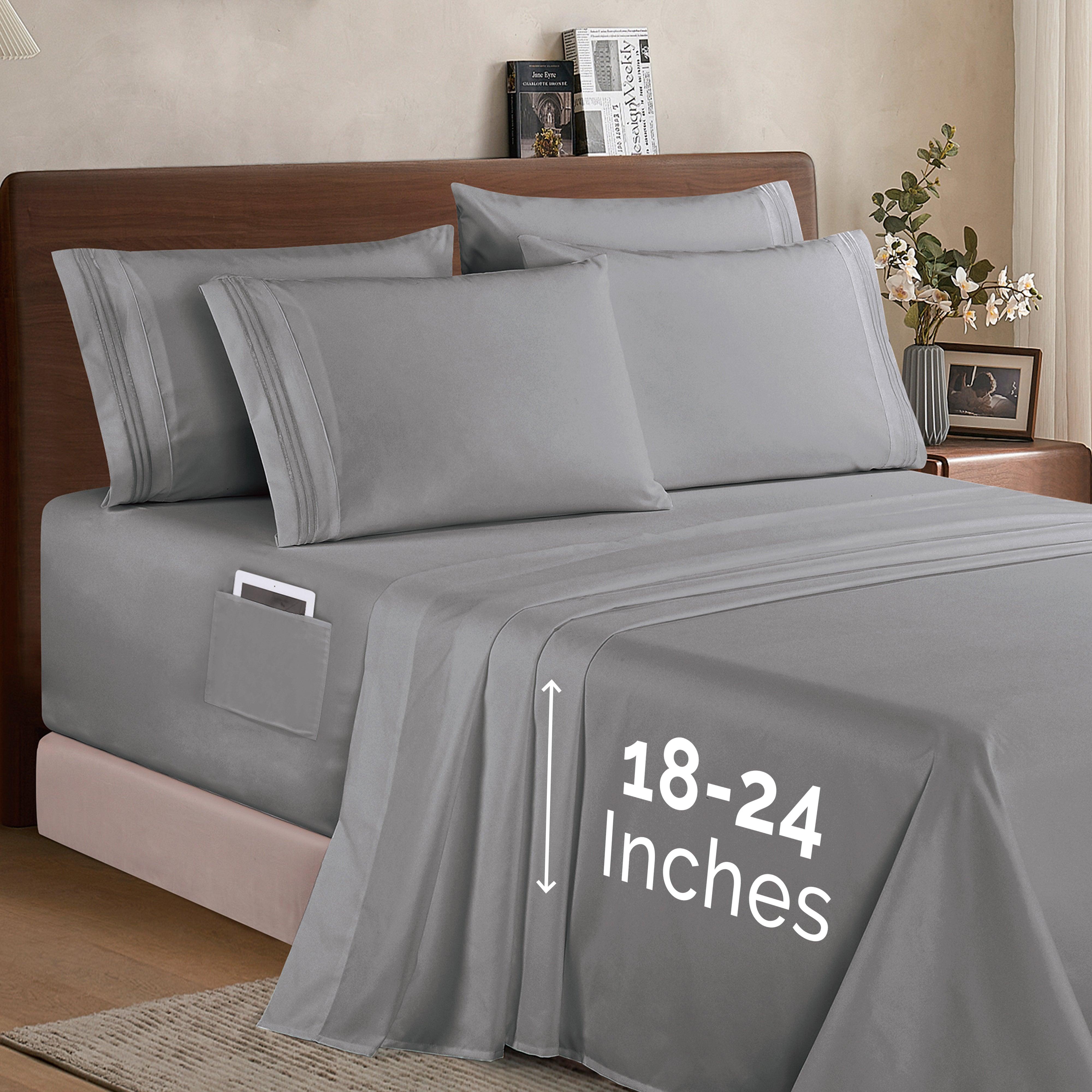 Everlaneas Extra deep 18-24 Inch Pocket 3 Line Embroidery, 6-Piece Sheet Set, Moody Shades