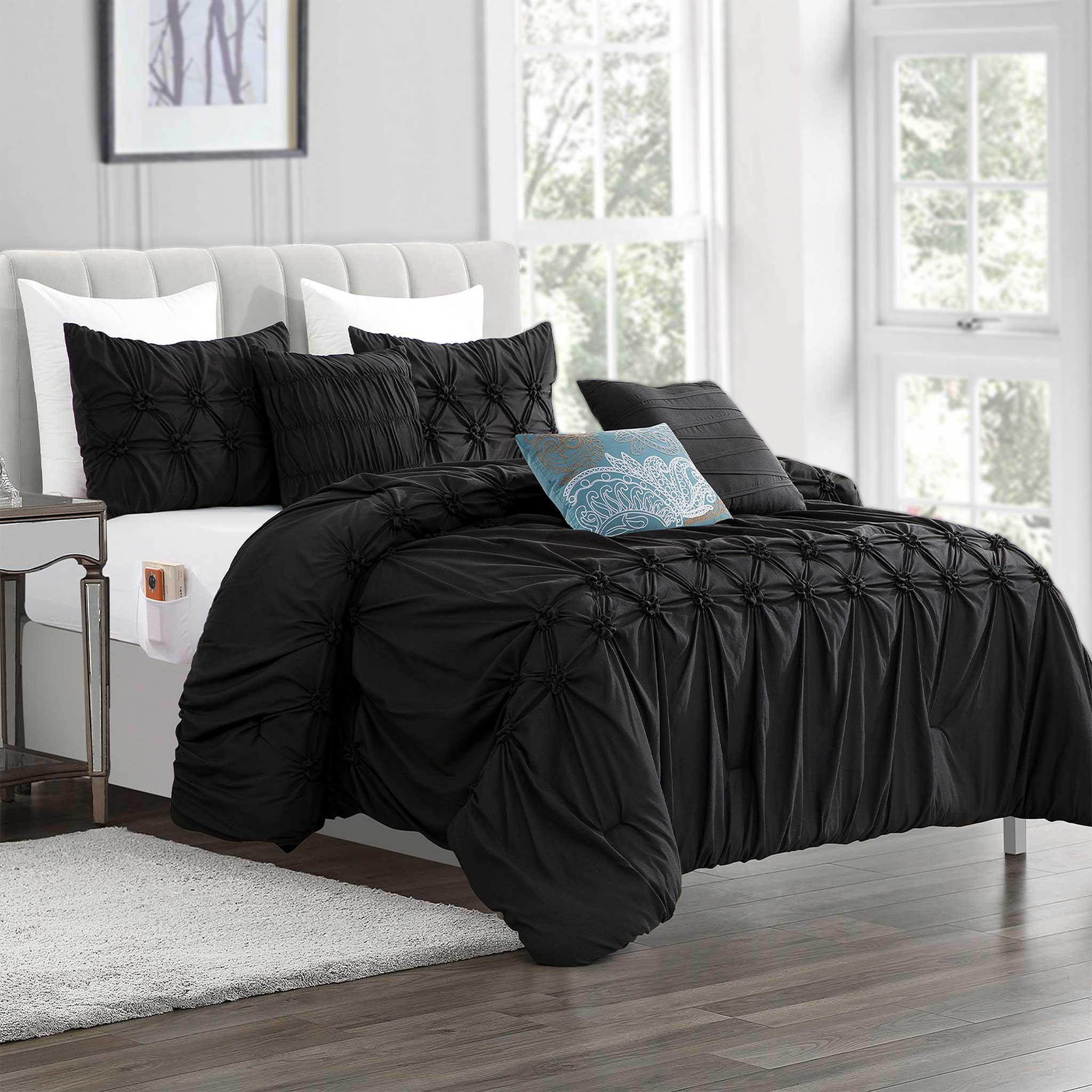 Everlaneas 12-Piece Ella Pleated Ruched Pintuck Comforter Set, Includes 6-Piece Sheet Set with Double Sided Storage Pockets