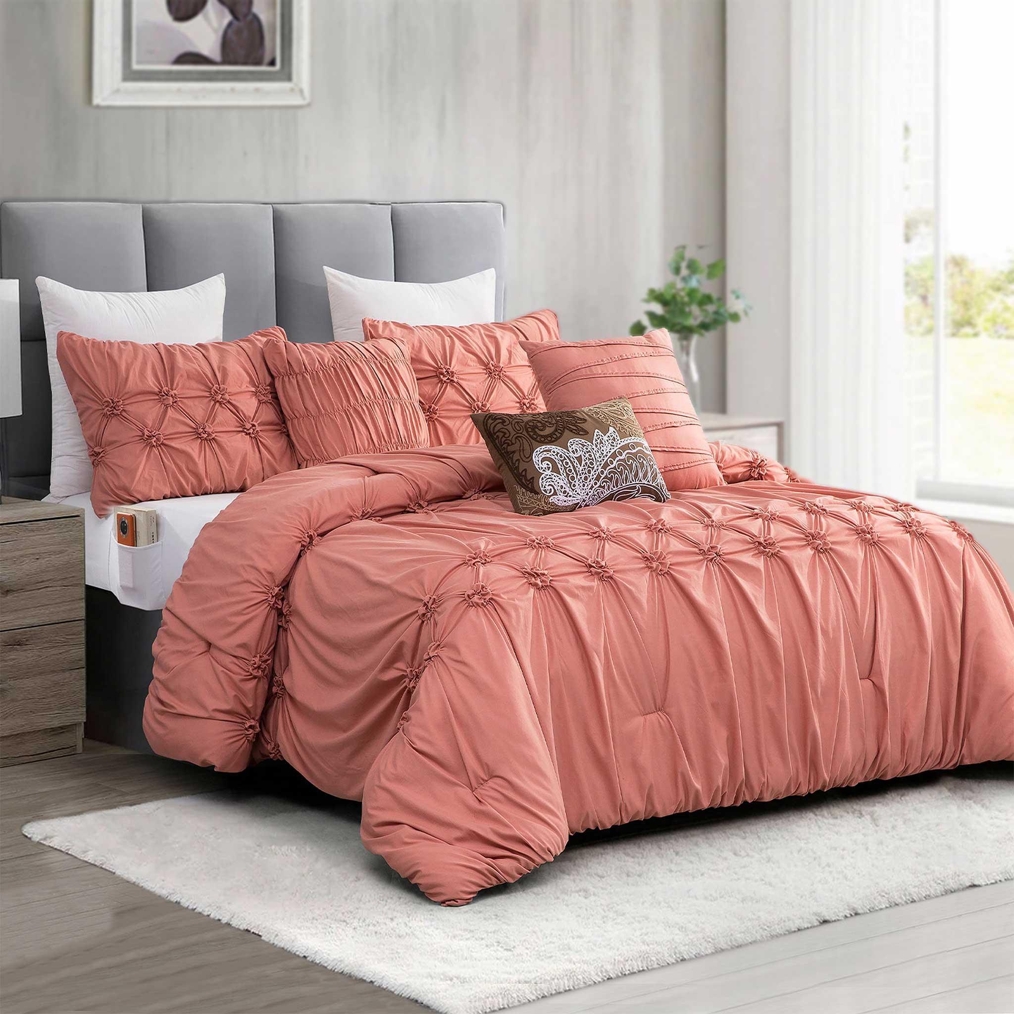 Everlaneas 12-Piece Ella Pleated Ruched Pintuck Comforter Set, Includes 6-Piece Sheet Set with Double Sided Storage Pockets