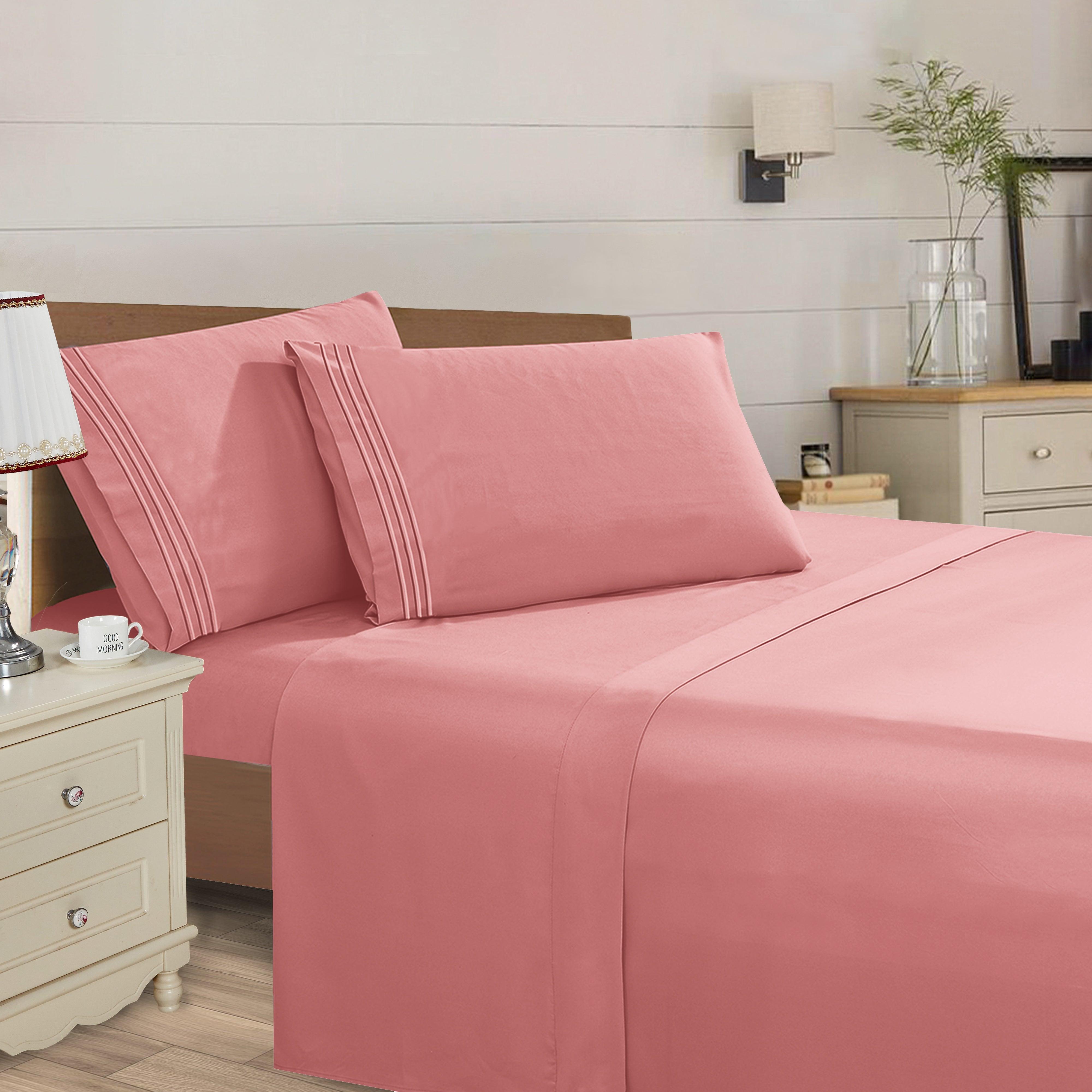 Everlaneas Essential Solid 3 Line Embroidery - Soft as a Hotel Premium Quality, 4-Piece Sheet Set, Bright Shades