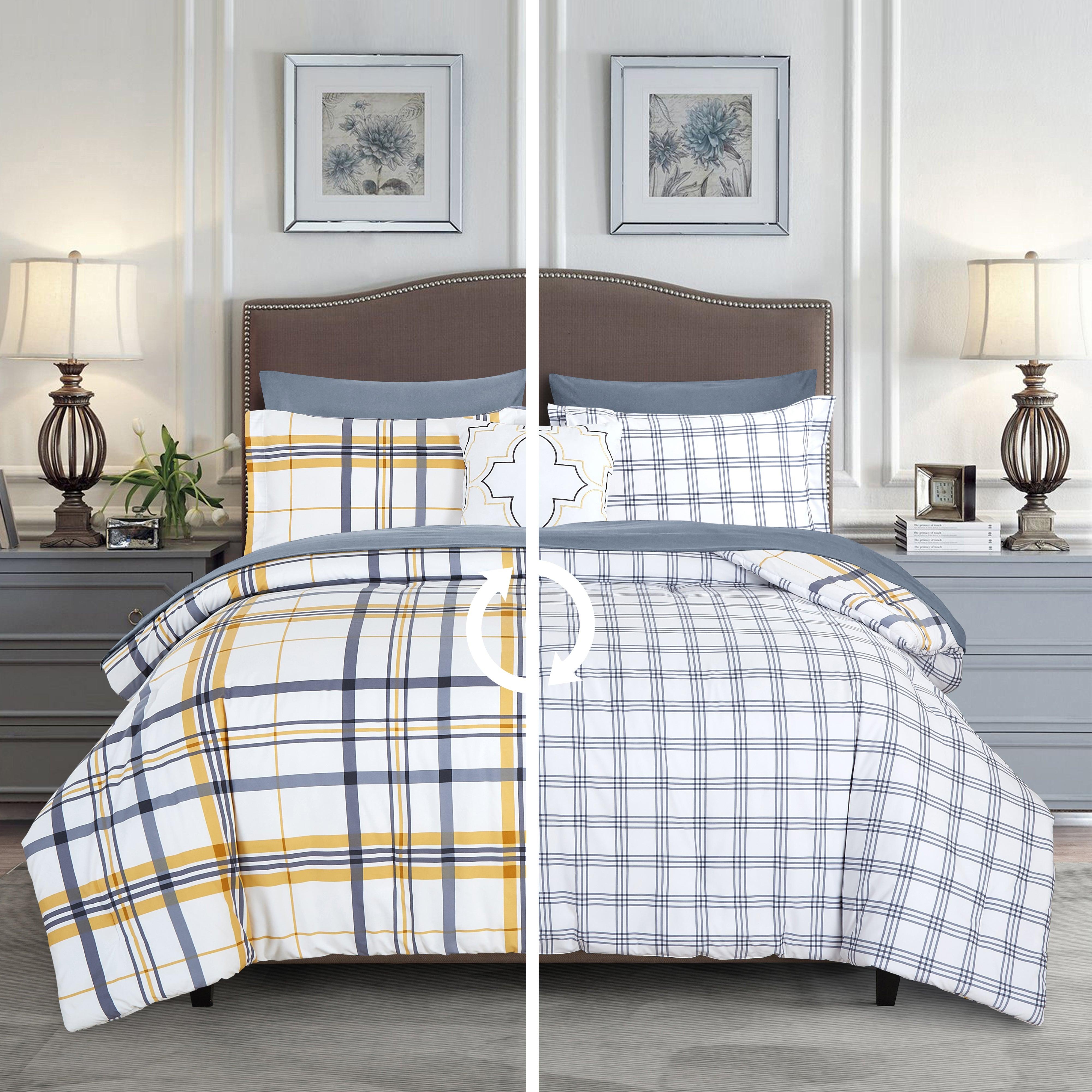 Everlaneas 8-Piece Lodge Plaid and Patch Reversible Comforter Set - Includes 4-Piece Sheet Set with Double Sided Storage Pockets