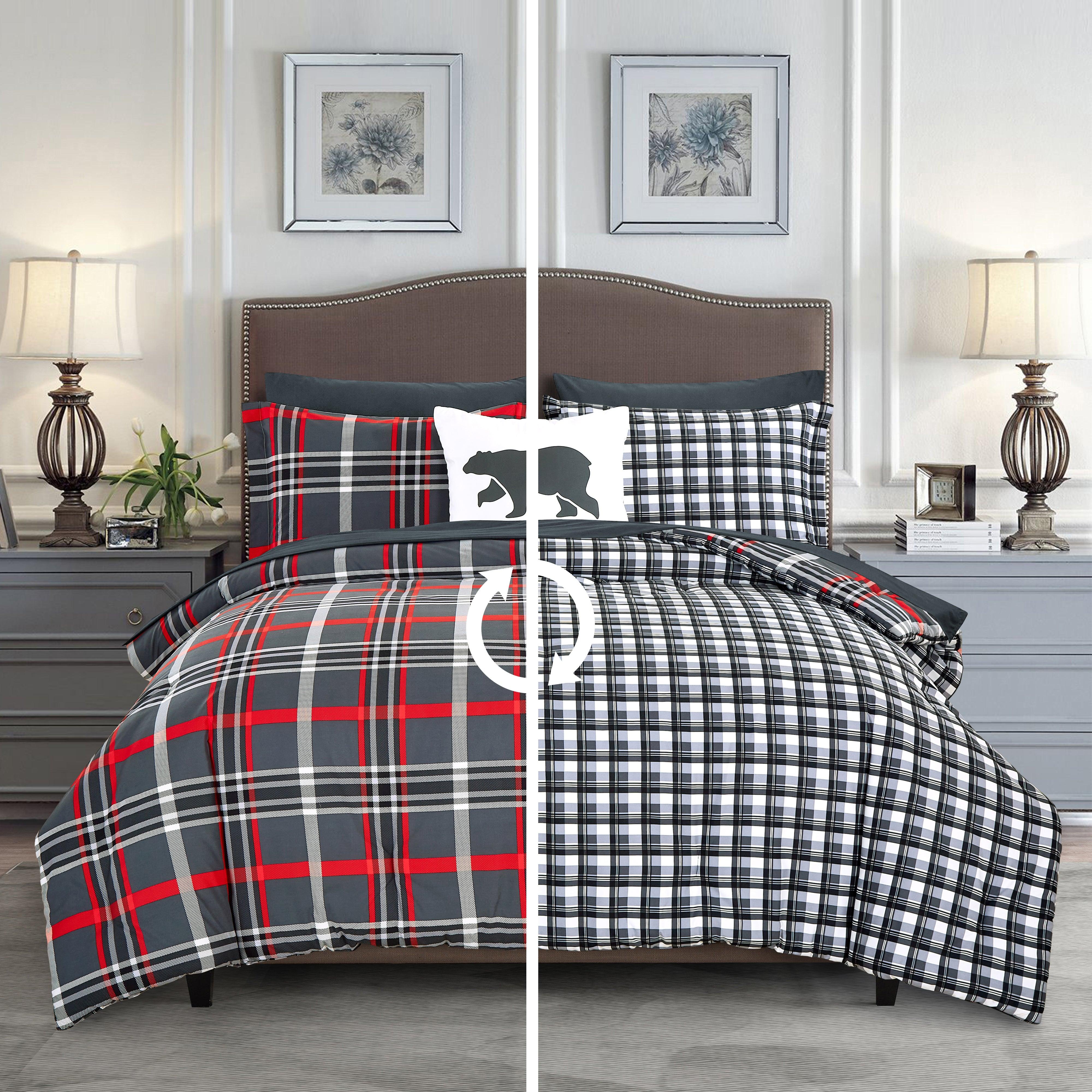 Everlaneas 8-Piece Lodge Plaid and Patch Reversible Comforter Set - Includes 4-Piece Sheet Set with Double Sided Storage Pockets