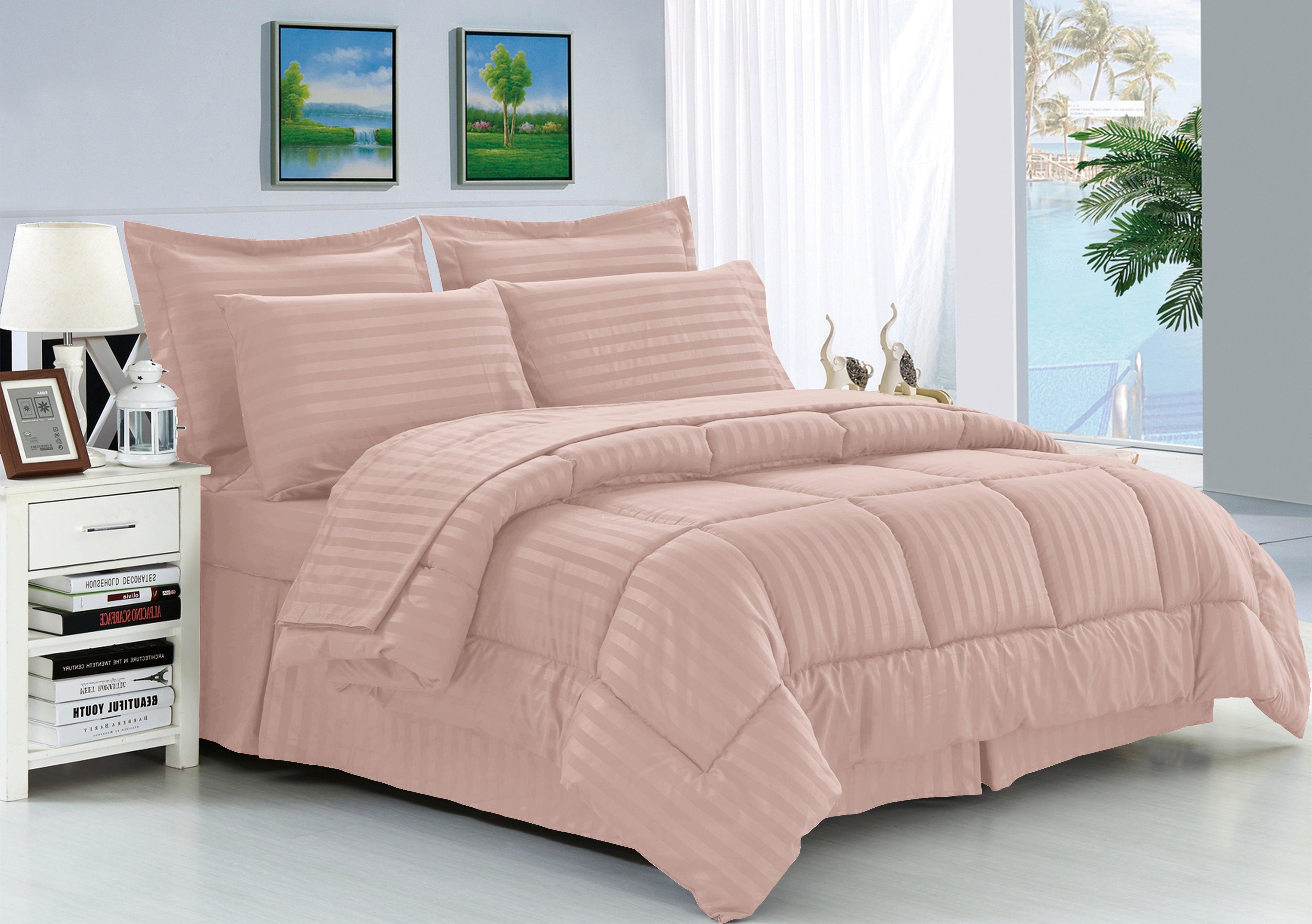 Everlaneas 8-Piece Dobby Stripe Comforter Set - Includes 4-Piece Sheet Set with Double Sided Storage Pockets