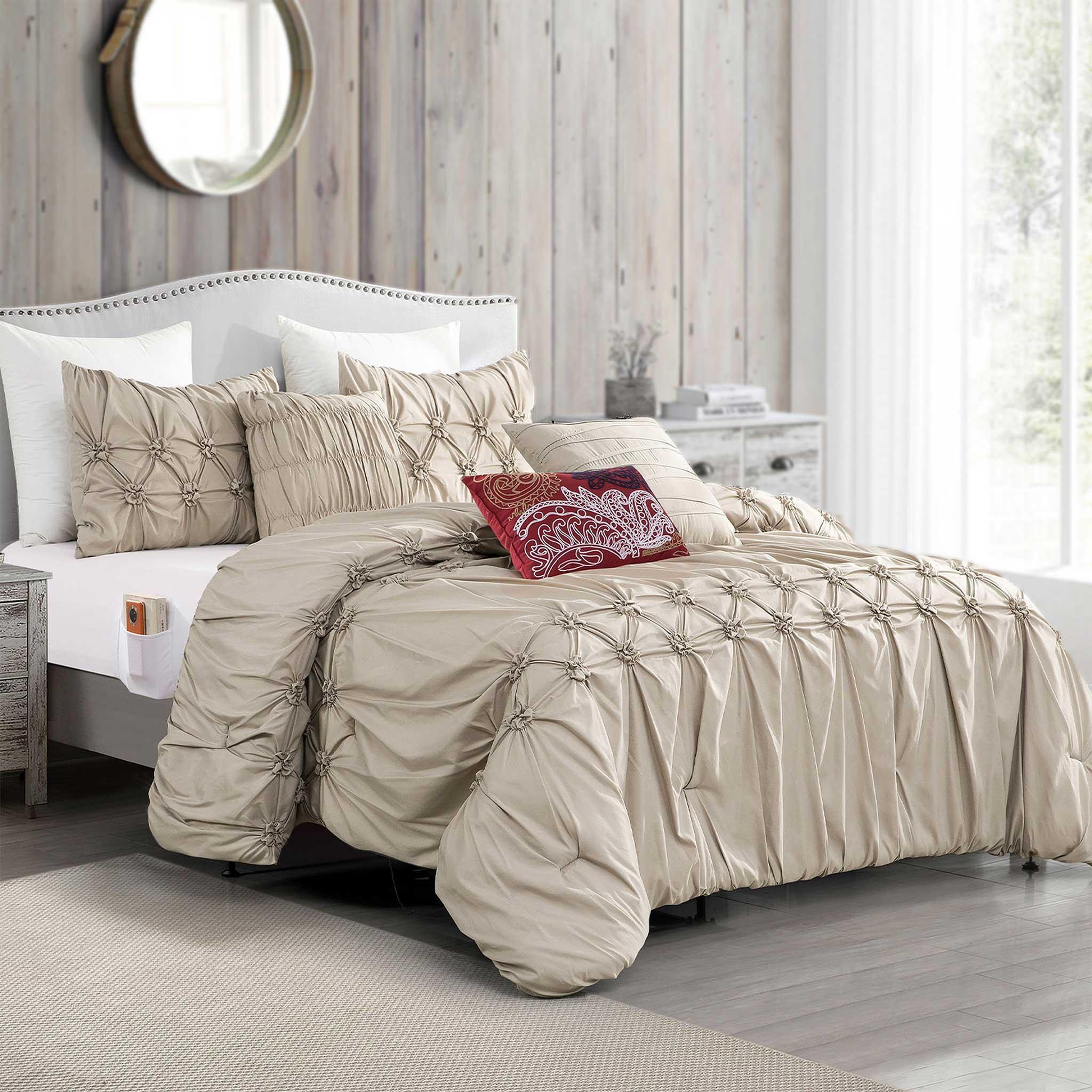 Everlaneas 12-Piece Ella Pleated Ruched Pintuck Comforter Set, Includes 6-Piece Sheet Set with Double Sided Storage Pockets