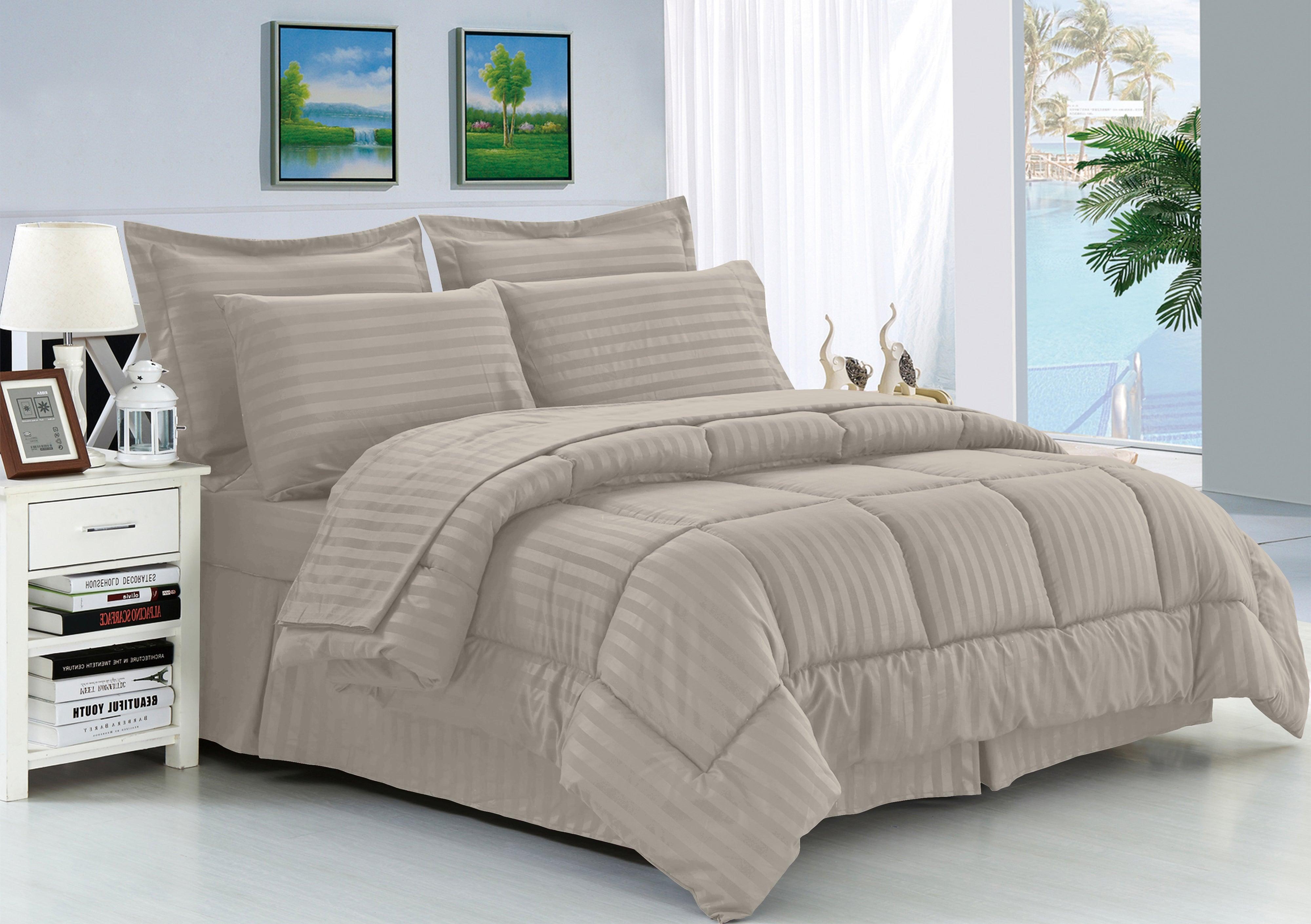 Everlaneas 8-Piece Dobby Stripe Comforter Set - Includes 4-Piece Sheet Set with Double Sided Storage Pockets