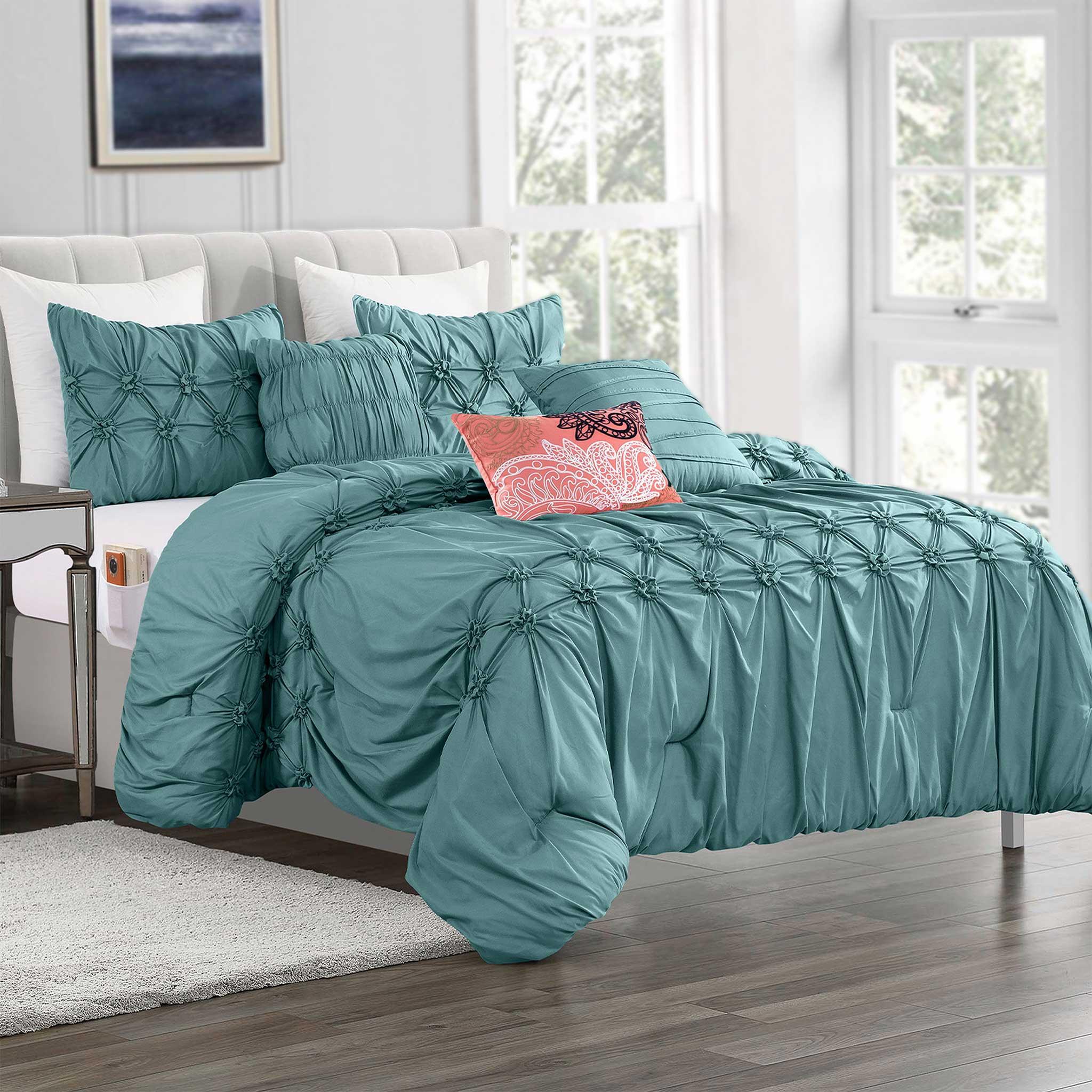 Everlaneas 12-Piece Ella Pleated Ruched Pintuck Comforter Set, Includes 6-Piece Sheet Set with Double Sided Storage Pockets