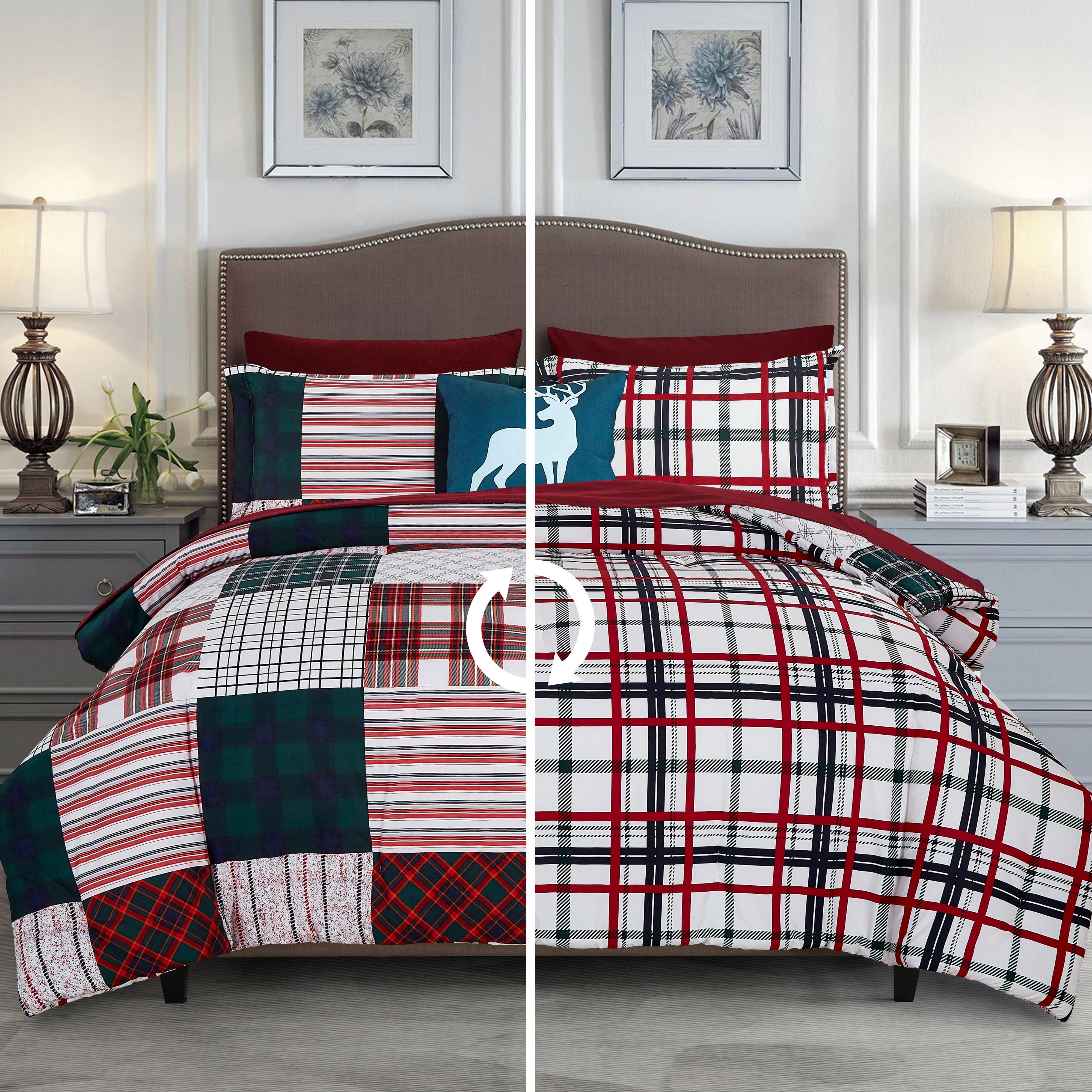 Everlaneas 8-Piece Lodge Plaid and Patch Reversible Comforter Set - Includes 4-Piece Sheet Set with Double Sided Storage Pockets