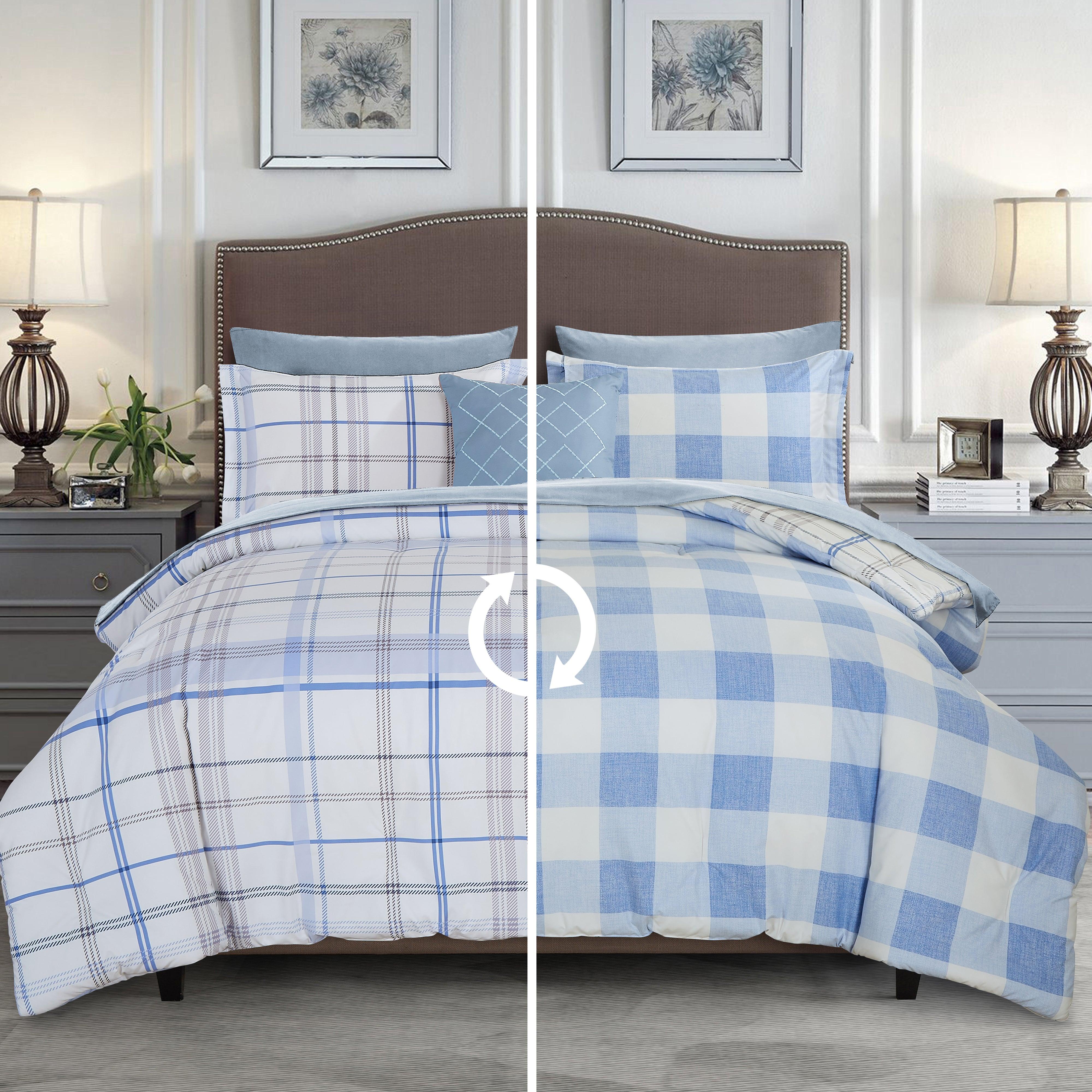 Everlaneas 8-Piece Lodge Plaid and Patch Reversible Comforter Set - Includes 4-Piece Sheet Set with Double Sided Storage Pockets