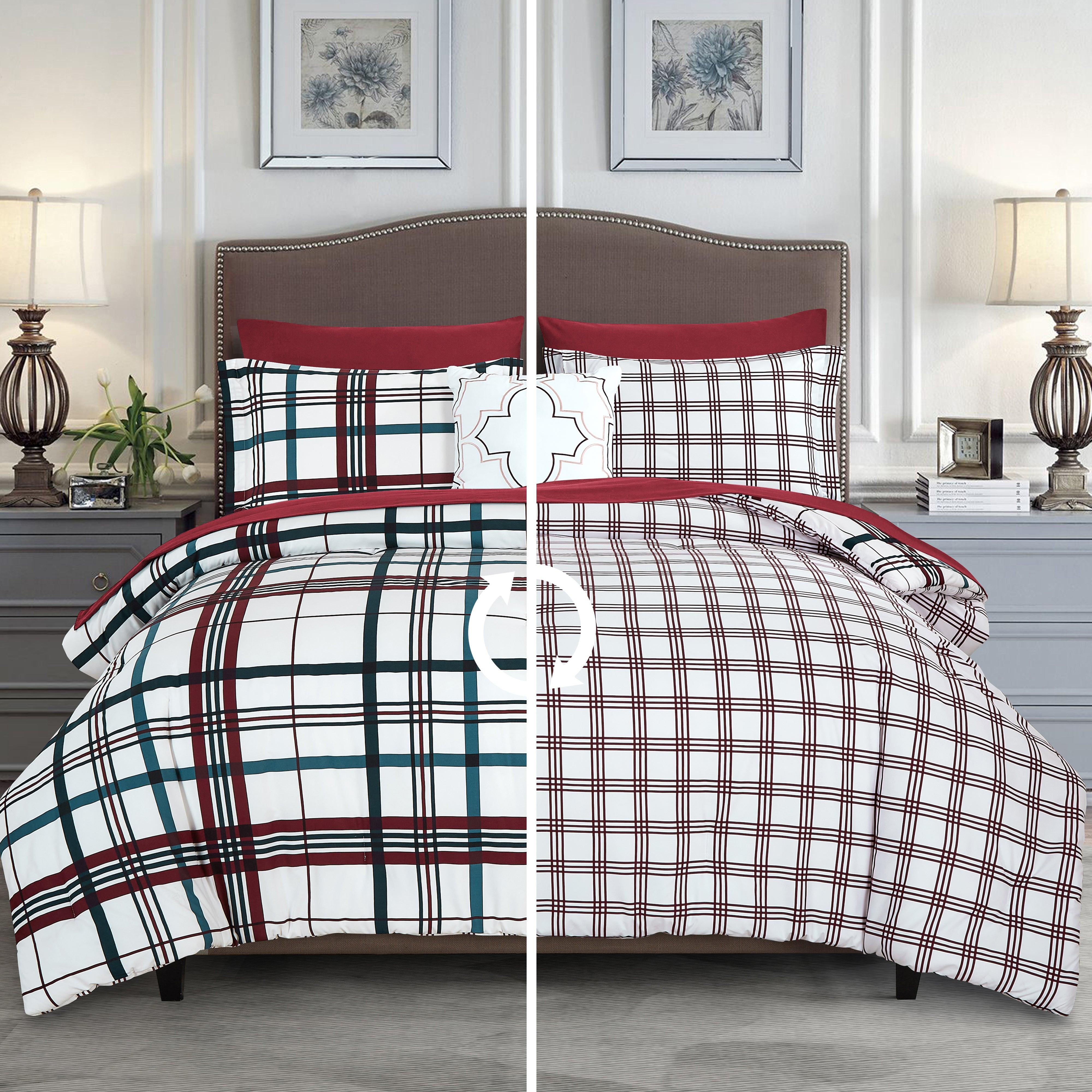 Everlaneas 8-Piece Lodge Plaid and Patch Reversible Comforter Set - Includes 4-Piece Sheet Set with Double Sided Storage Pockets