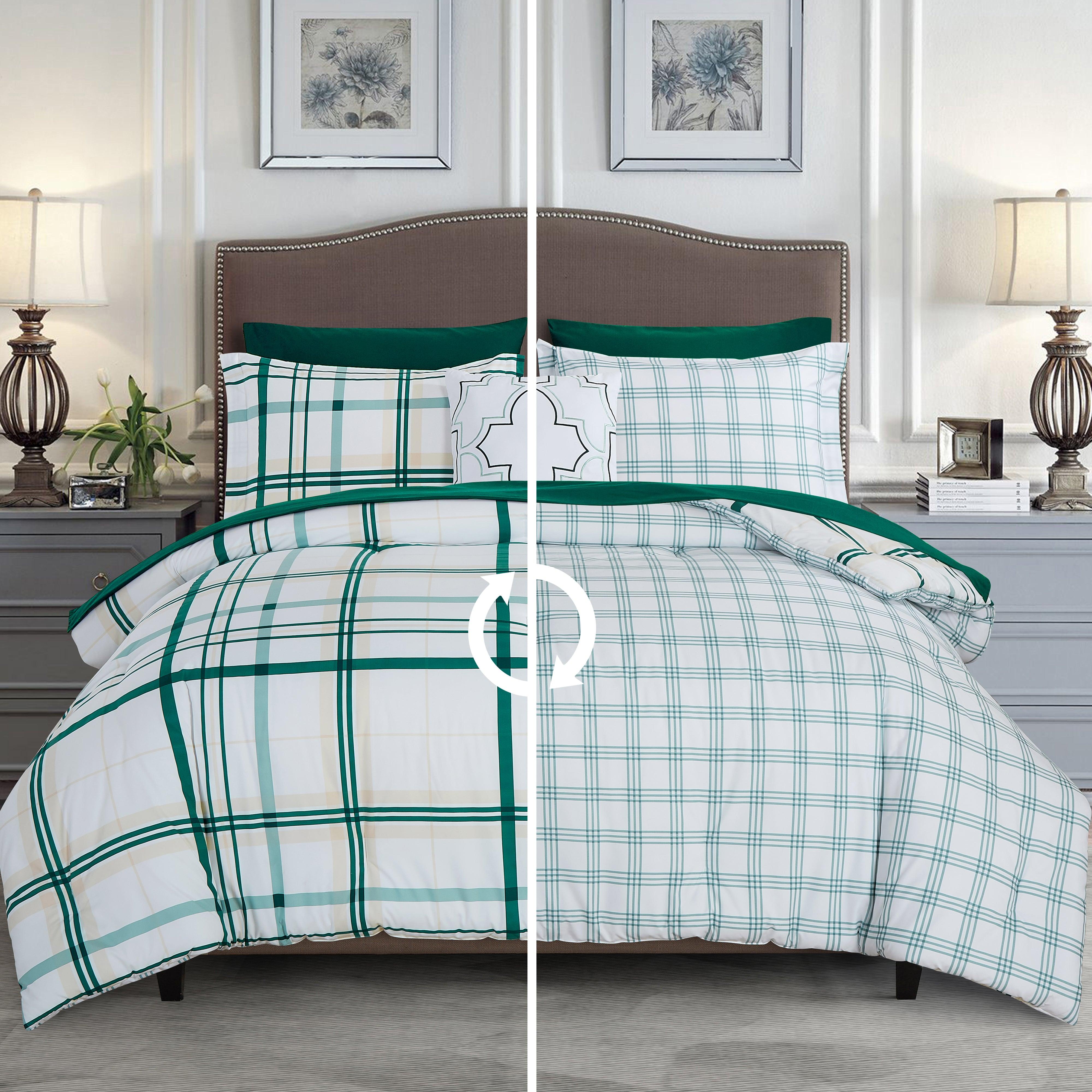 Everlaneas 8-Piece Lodge Plaid and Patch Reversible Comforter Set - Includes 4-Piece Sheet Set with Double Sided Storage Pockets