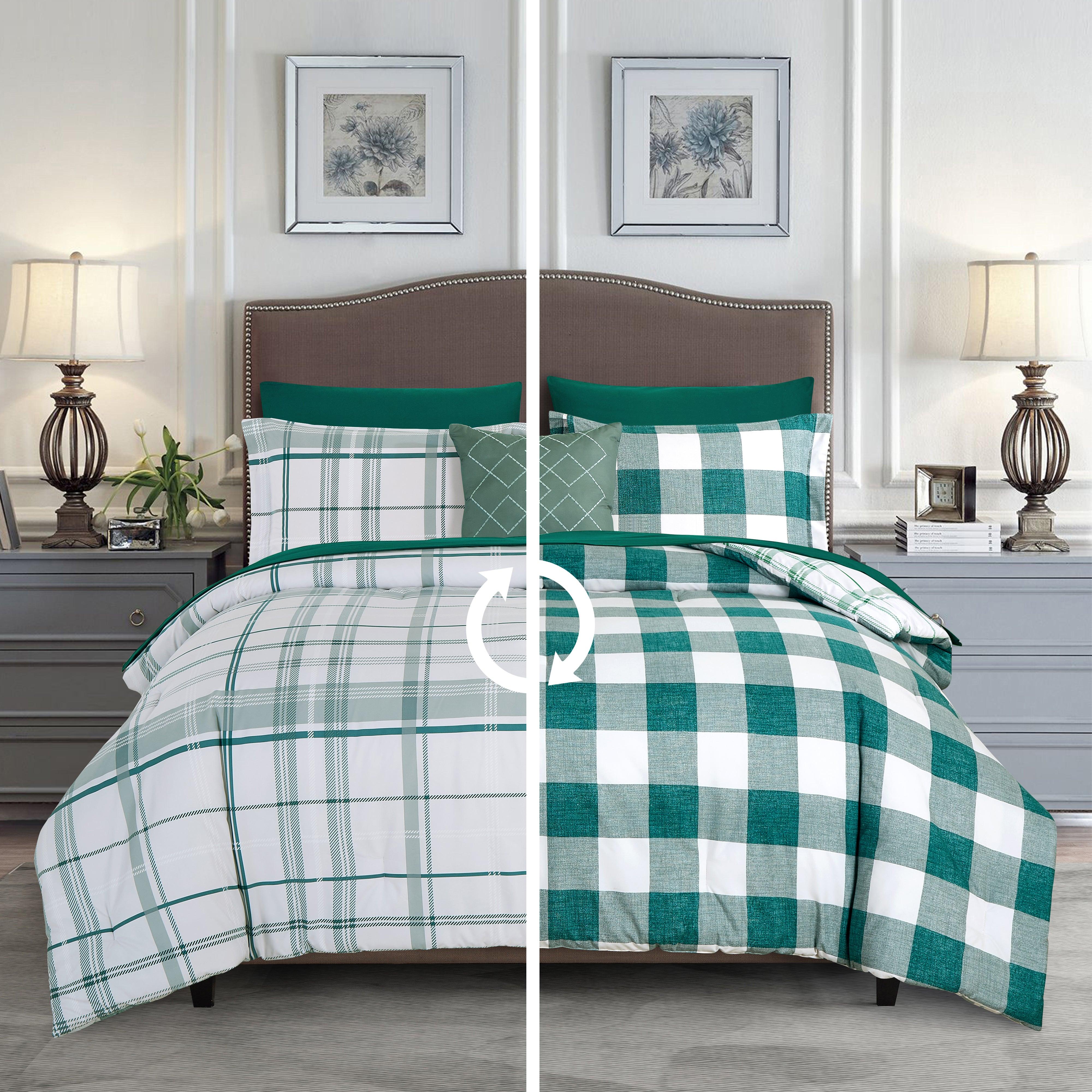 Everlaneas 8-Piece Lodge Plaid and Patch Reversible Comforter Set - Includes 4-Piece Sheet Set with Double Sided Storage Pockets