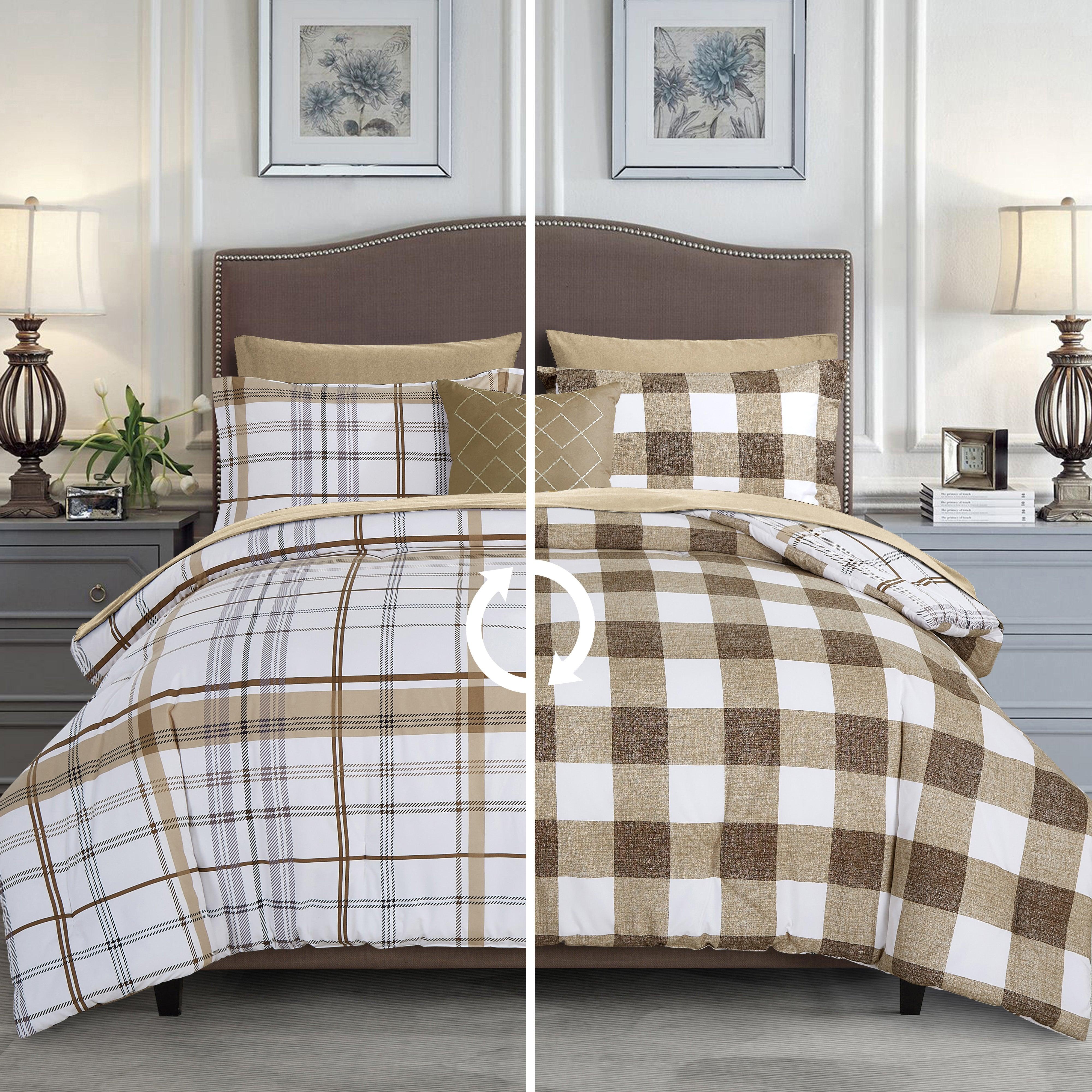 Everlaneas 8-Piece Lodge Plaid and Patch Reversible Comforter Set - Includes 4-Piece Sheet Set with Double Sided Storage Pockets