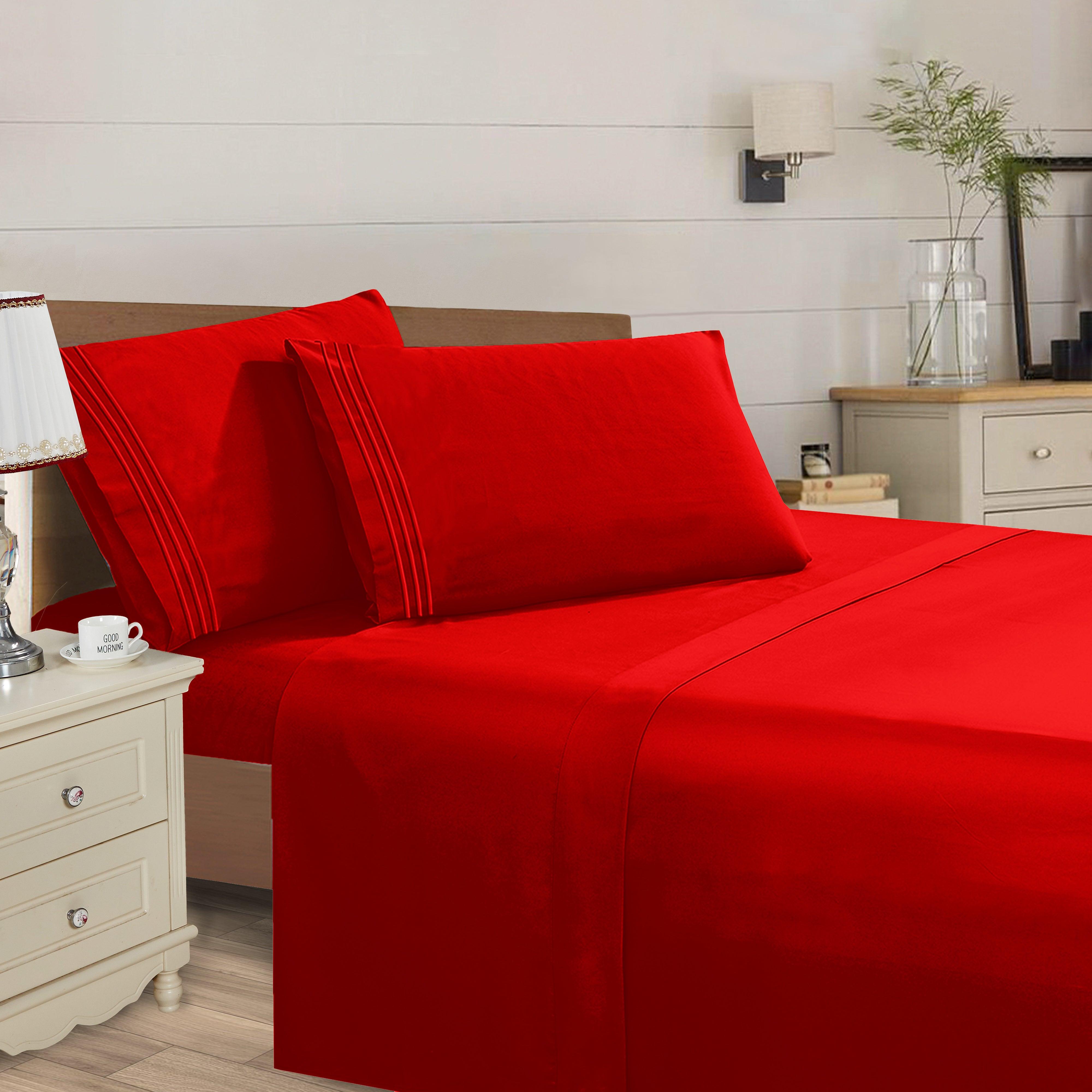 Everlaneas Essential Solid 3 Line Embroidery - Soft as a Hotel Premium Quality, 4-Piece Sheet Set, Bright Shades