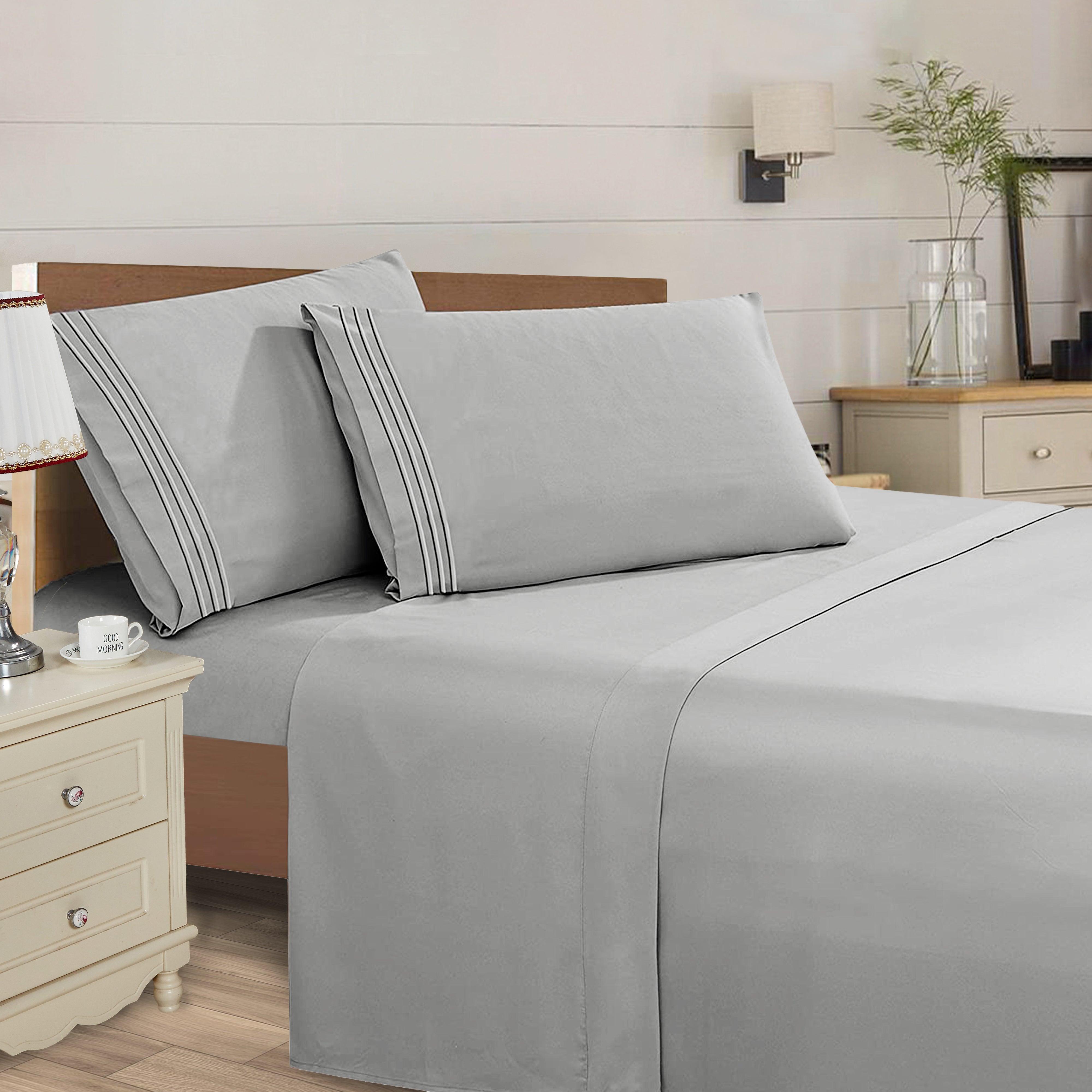 Everlaneas Essential Solid 3 Line Embroidery - Soft as a Hotel Premium Quality, 4-Piece Sheet Set, Bright Shades