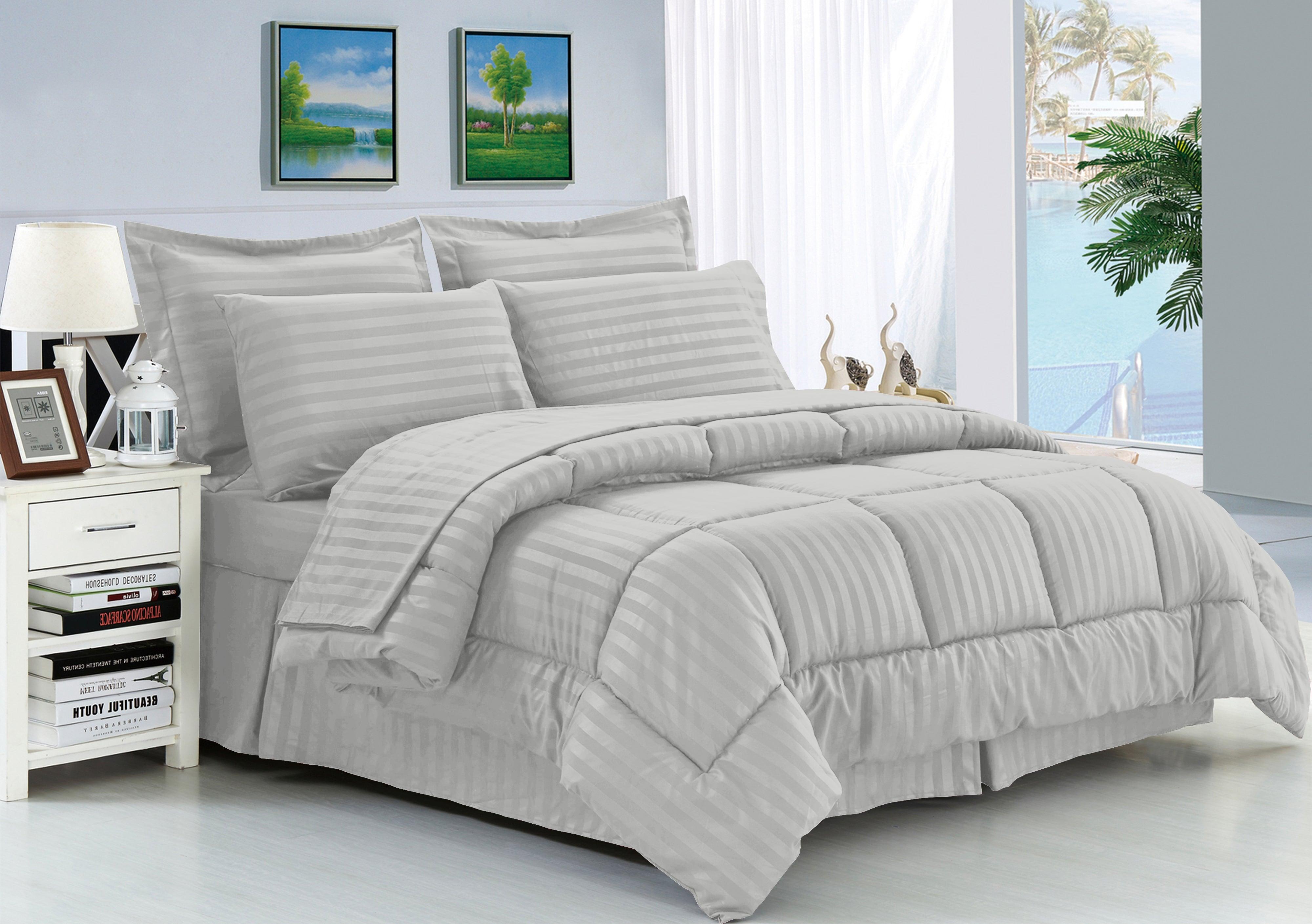 Everlaneas 8-Piece Dobby Stripe Comforter Set - Includes 4-Piece Sheet Set with Double Sided Storage Pockets
