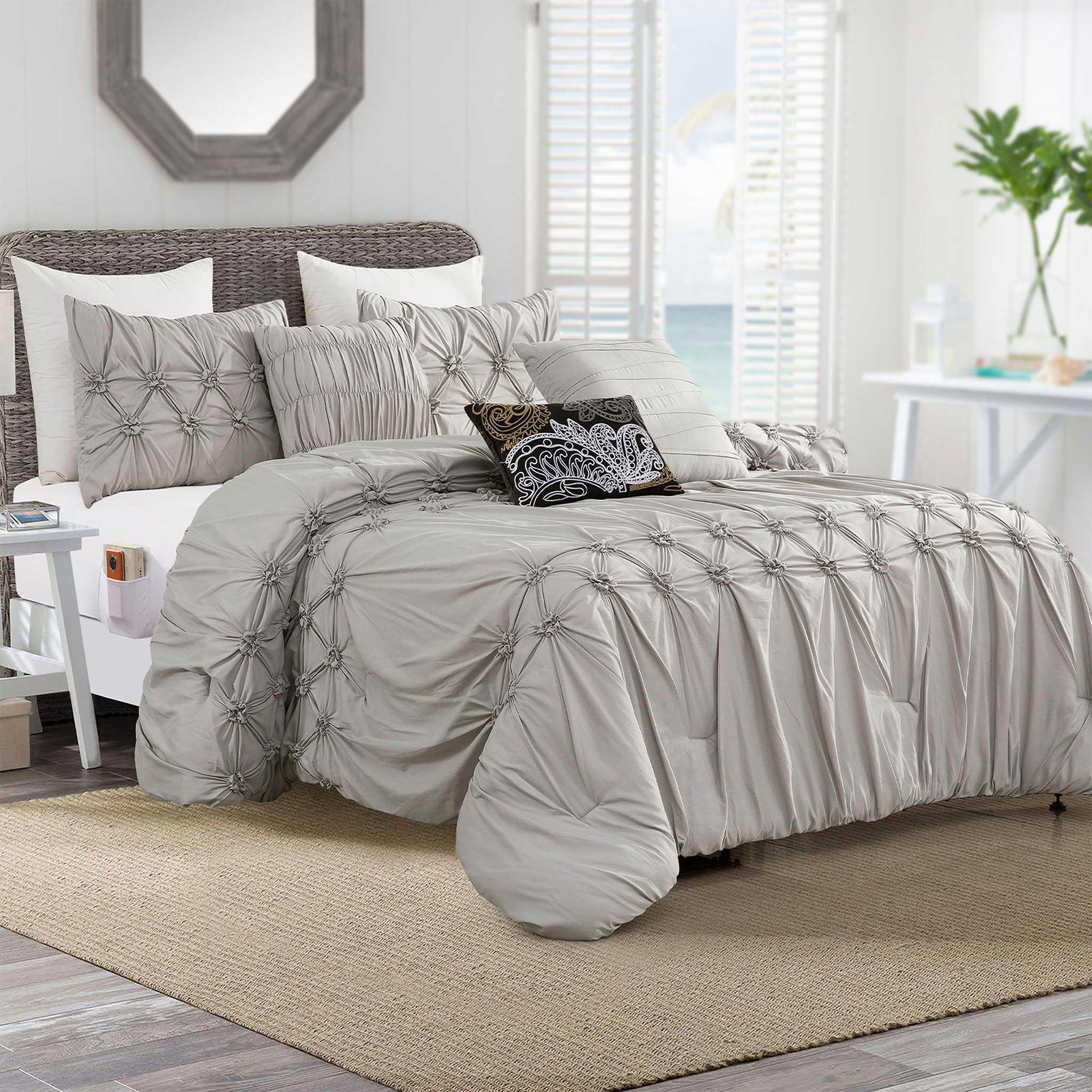 Everlaneas 12-Piece Ella Pleated Ruched Pintuck Comforter Set, Includes 6-Piece Sheet Set with Double Sided Storage Pockets