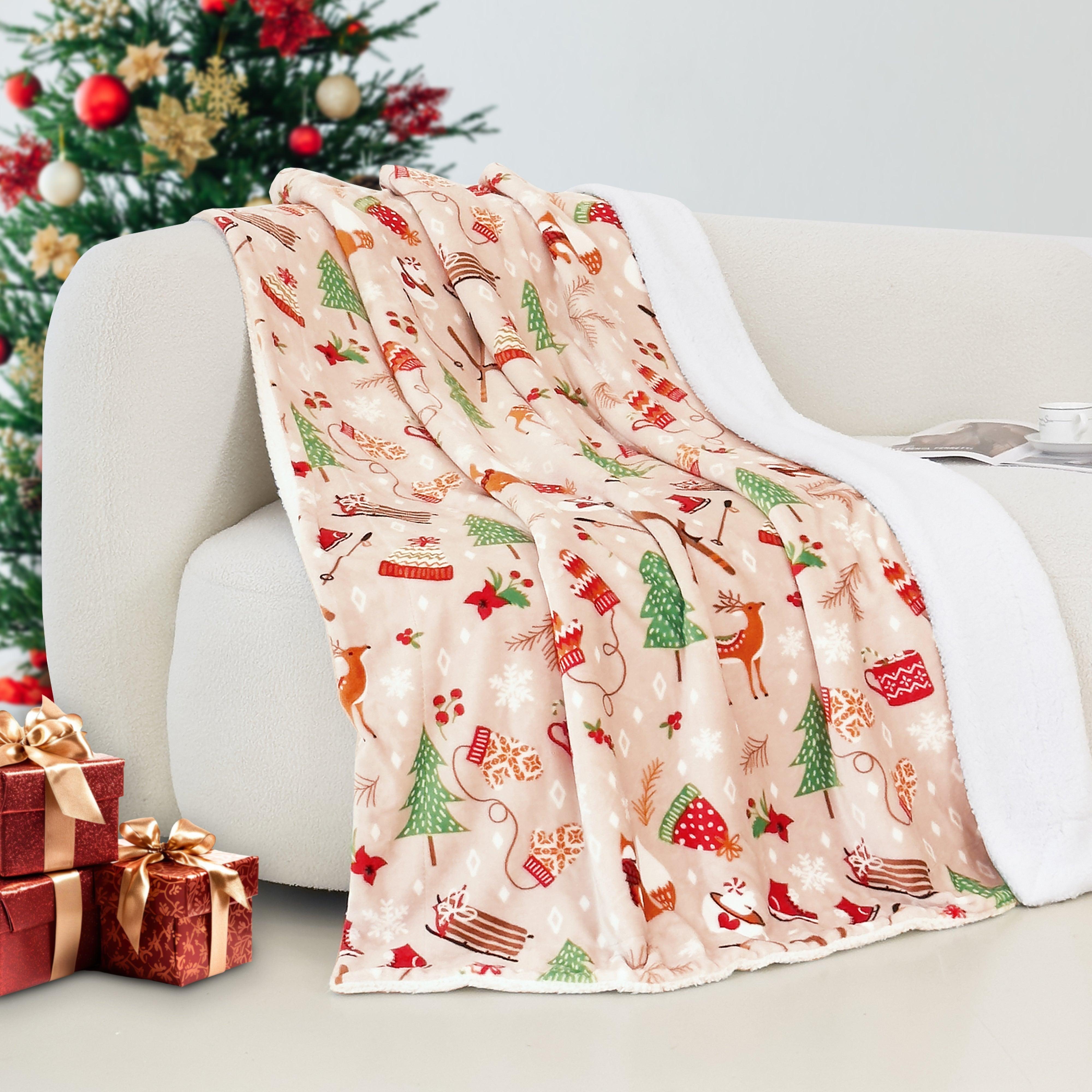 Everlaneas Christmas Sherpa Throw with Flannel Fleece - 50 x 60 inches