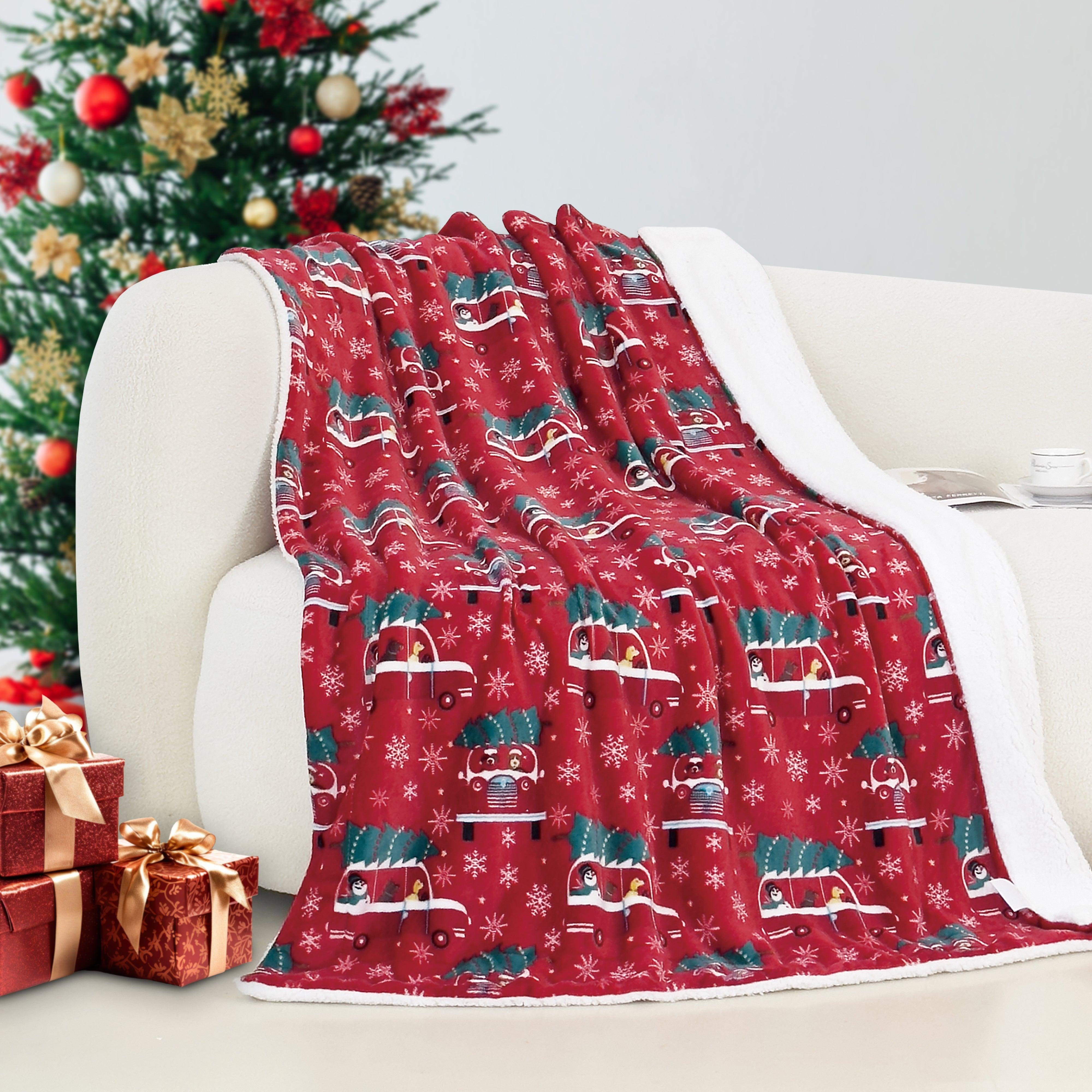 Everlaneas Christmas Sherpa Throw with Flannel Fleece - 50 x 60 inches