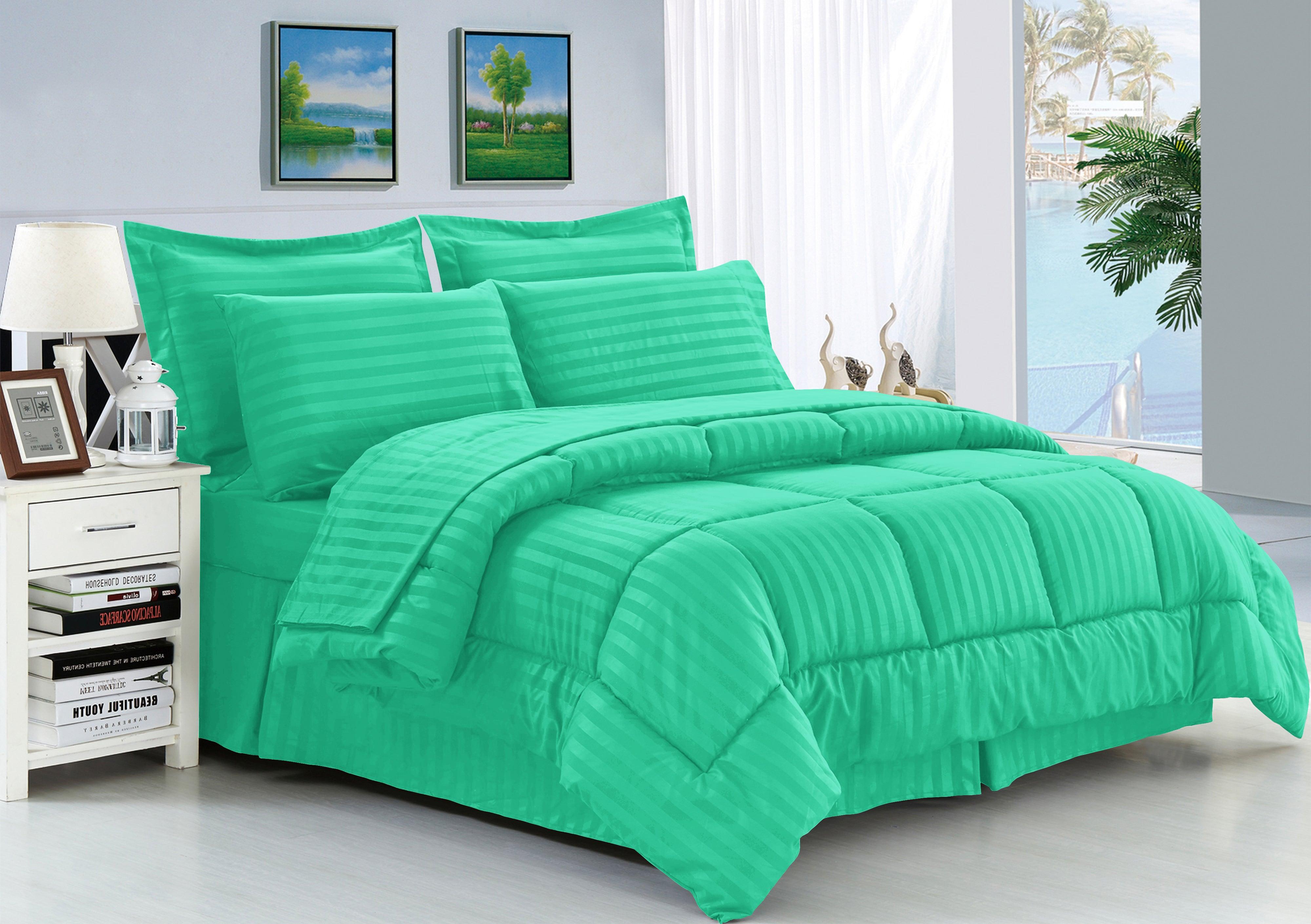 Everlaneas 8-Piece Dobby Stripe Comforter Set - Includes 4-Piece Sheet Set with Double Sided Storage Pockets