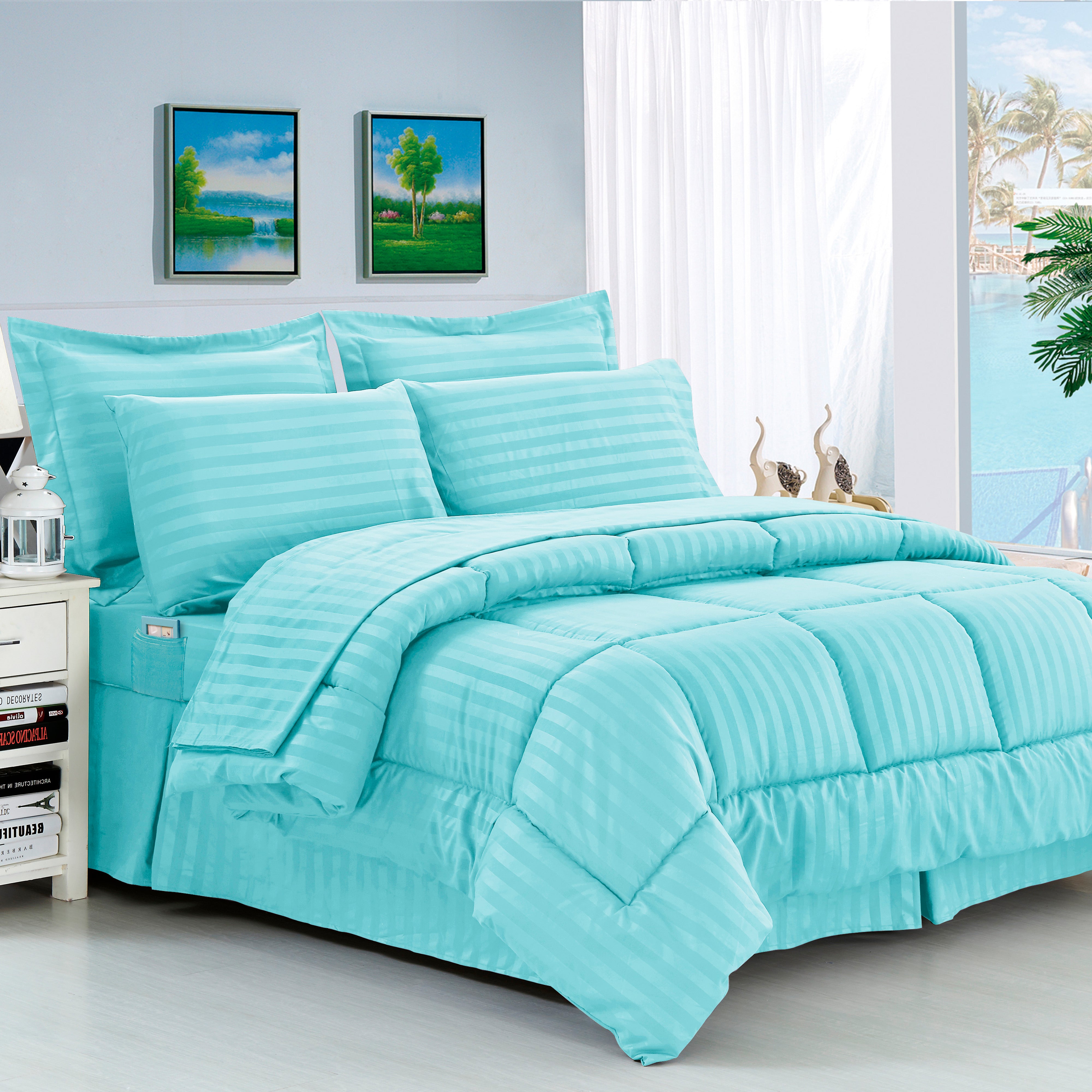 Everlaneas 8-Piece Dobby Stripe Comforter Set - Includes 4-Piece Sheet Set with Double Sided Storage Pockets