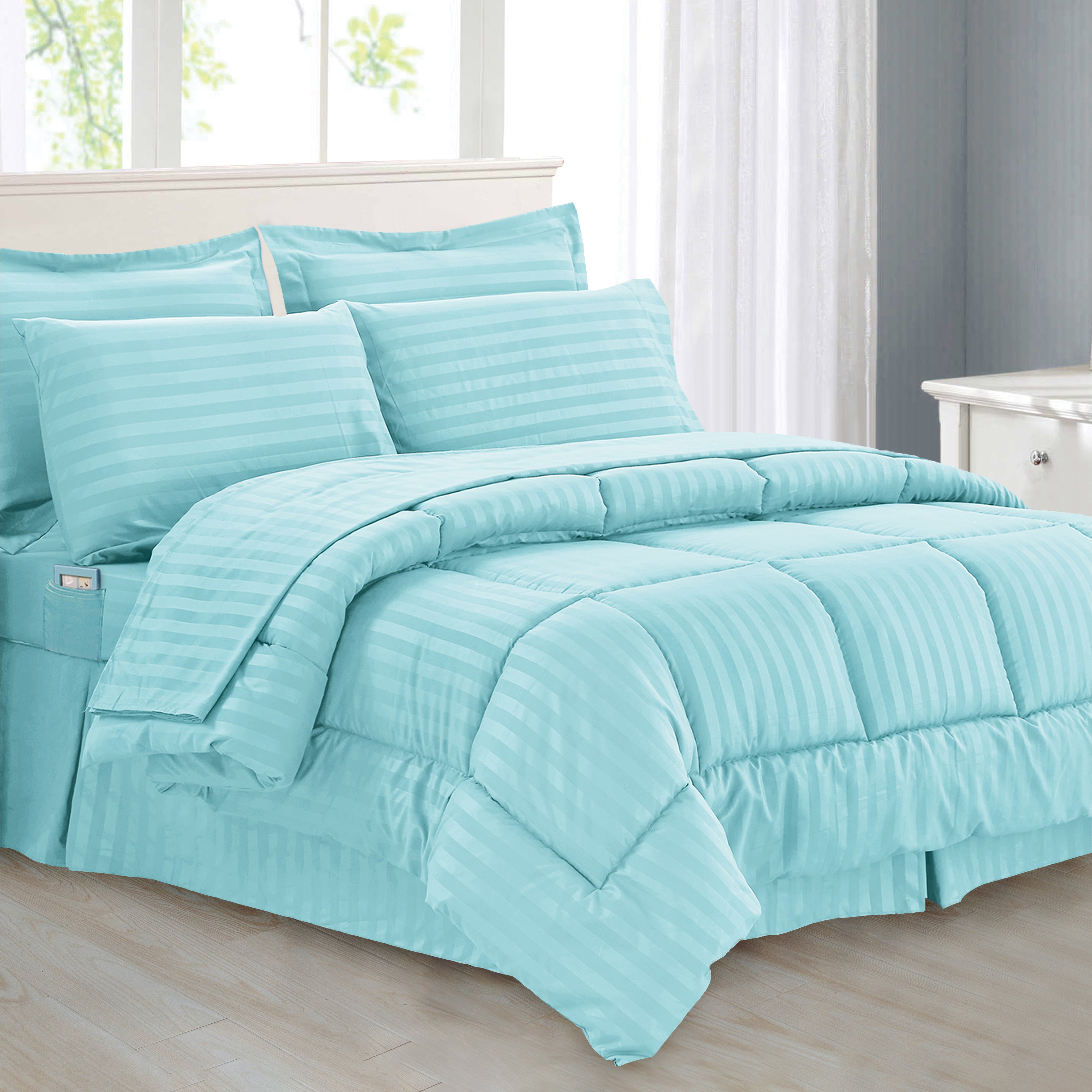 Everlaneas 8-Piece Dobby Stripe Comforter Set - Includes 4-Piece Sheet Set with Double Sided Storage Pockets