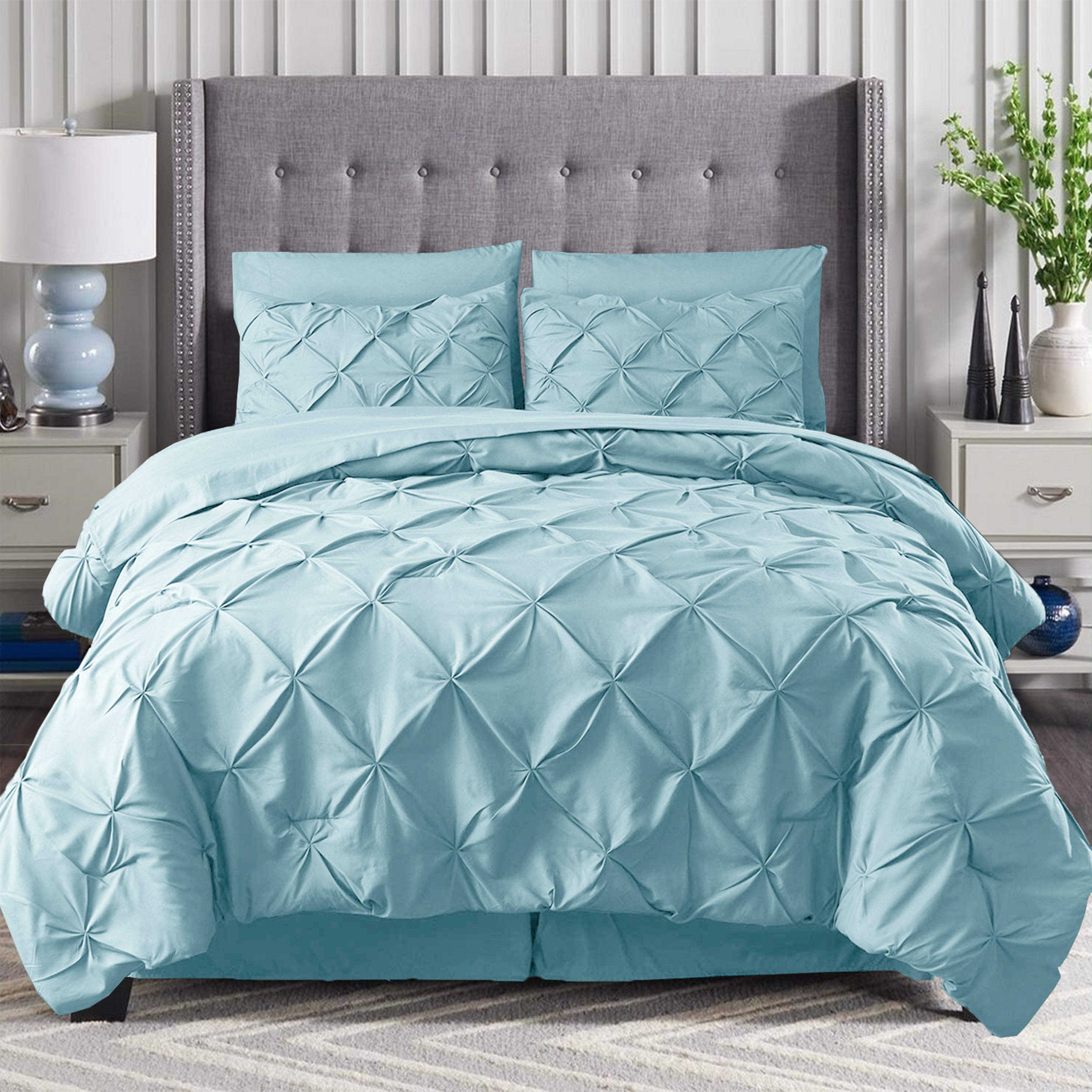 Everlaneas 8-Piece Pintuck Pinch Pleated Comforter Set - Includes 4-Piece Sheet Set with Double Sided Storage Pockets