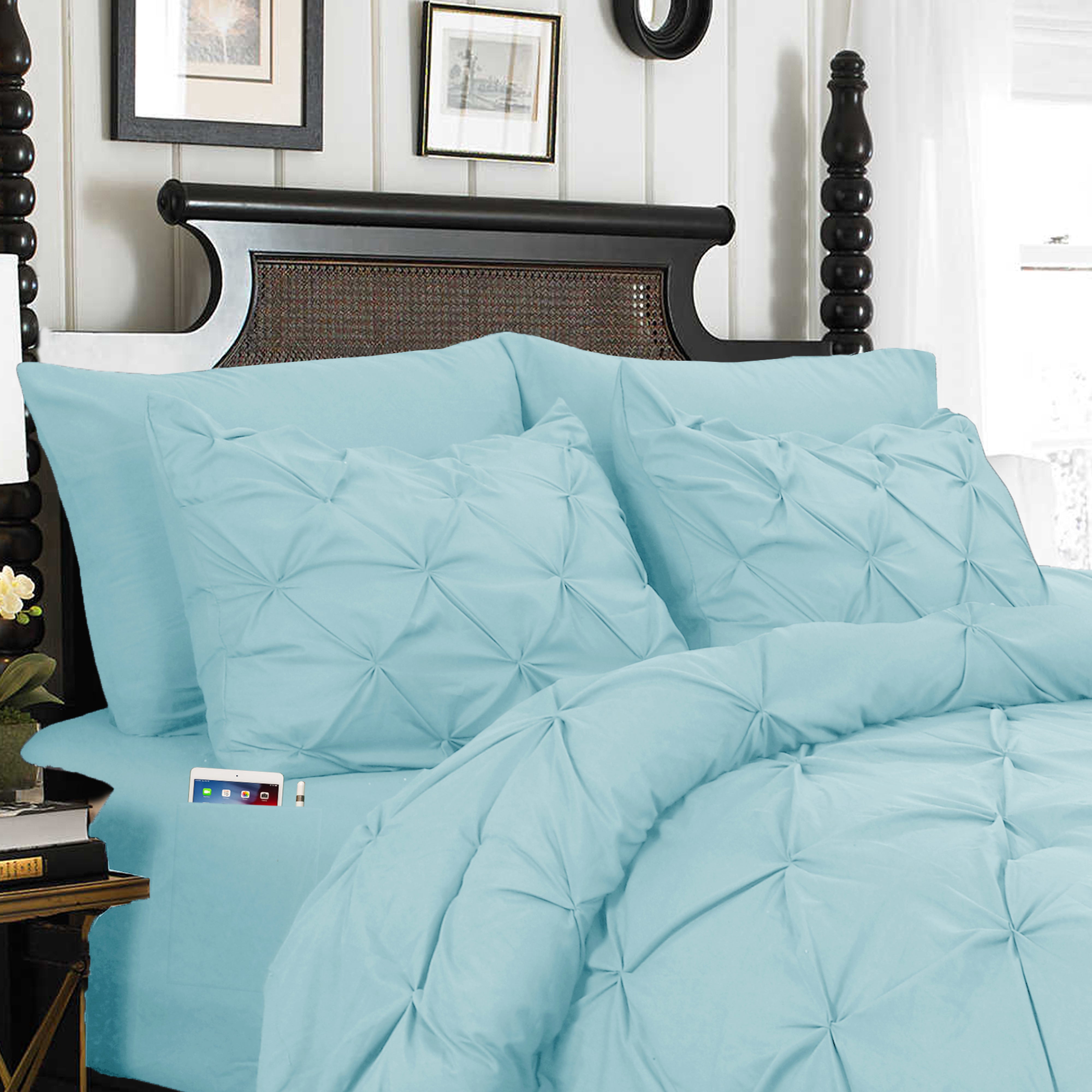 Everlaneas 8-Piece Pintuck Pinch Pleated Comforter Set - Includes 4-Piece Sheet Set with Double Sided Storage Pockets