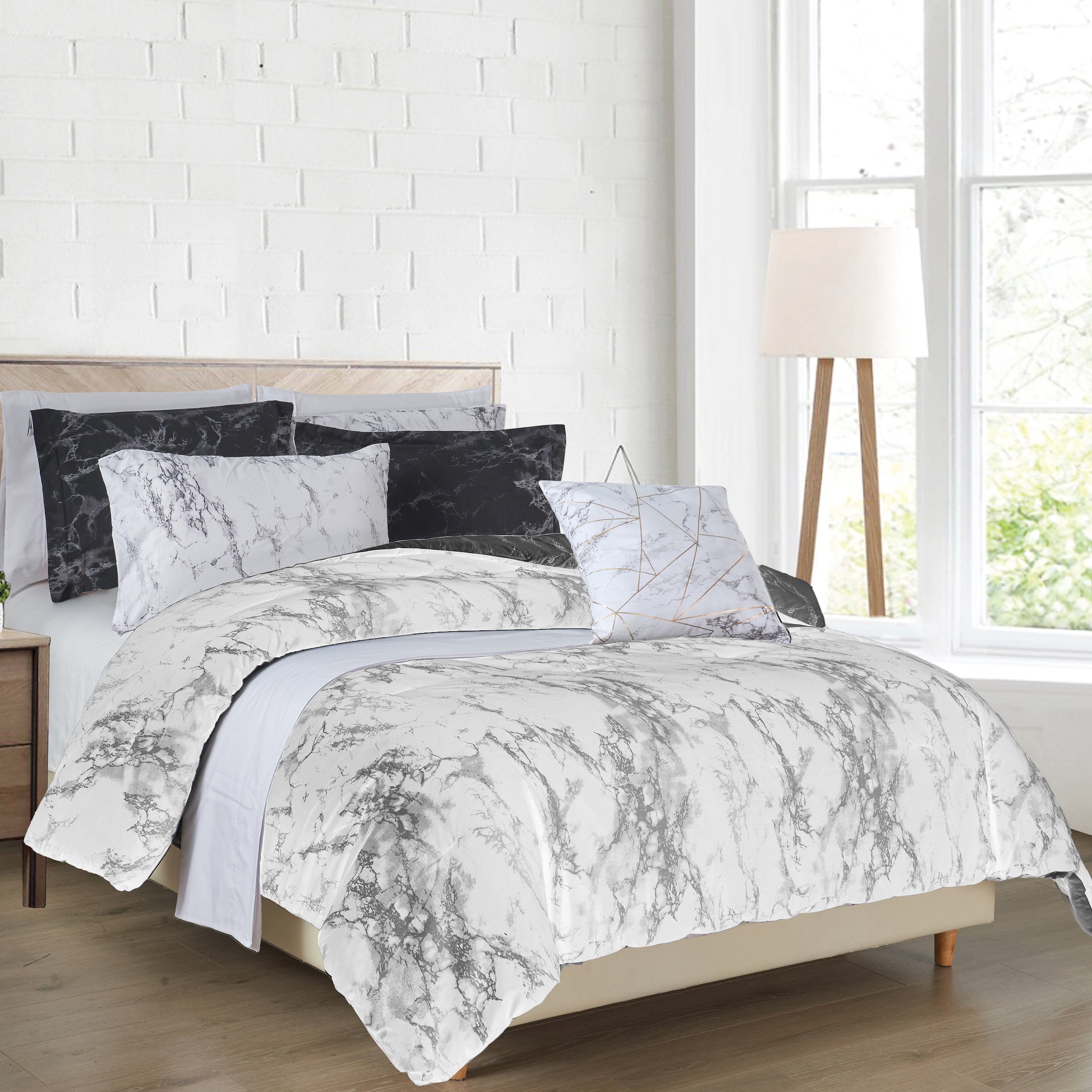 Everlaneas Reversible 10-Piece Marble Print Comforter Set, Includes 6-Piece Sheet Set with Double Sided Storage Pockets