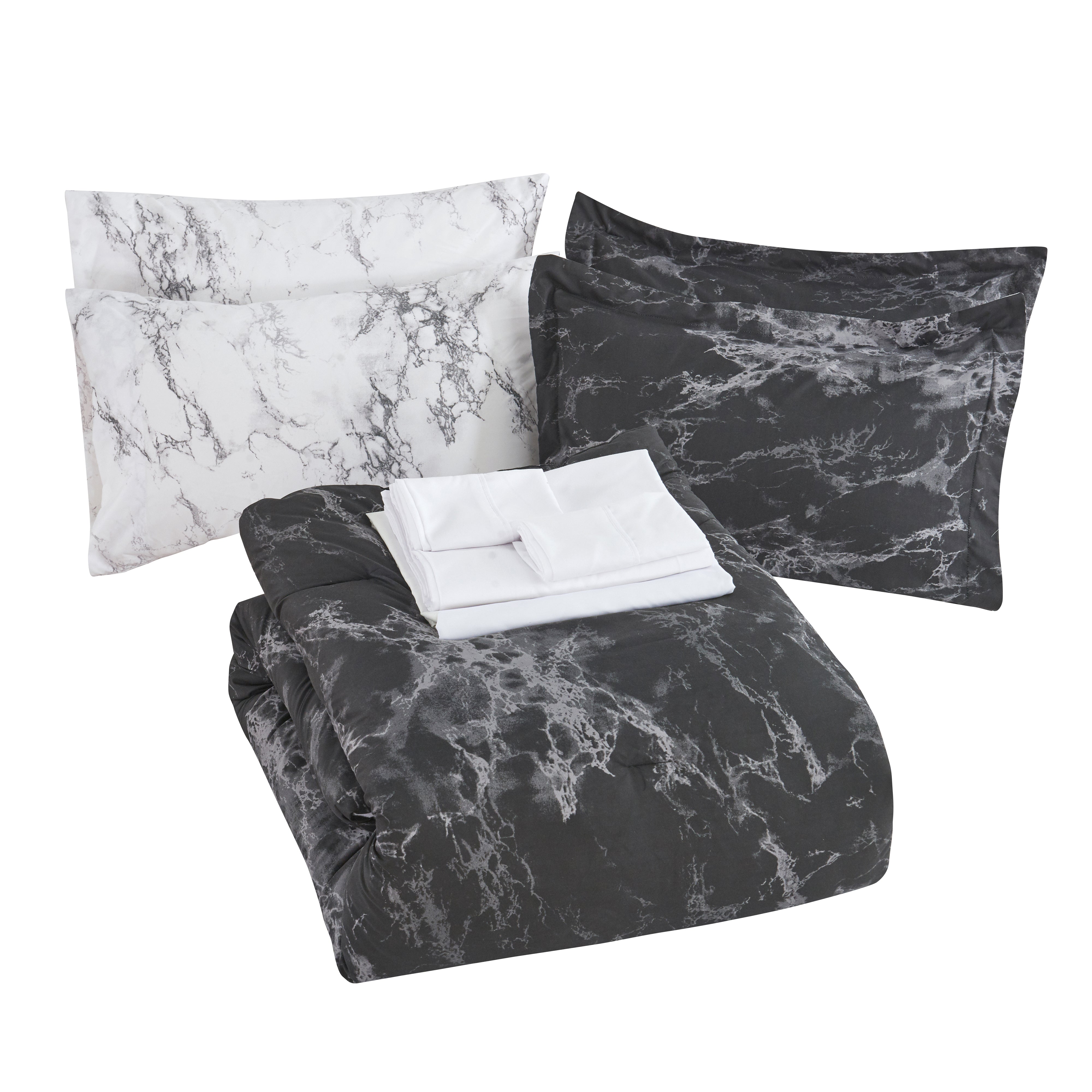 Everlaneas Reversible 10-Piece Marble Print Comforter Set, Includes 6-Piece Sheet Set with Double Sided Storage Pockets