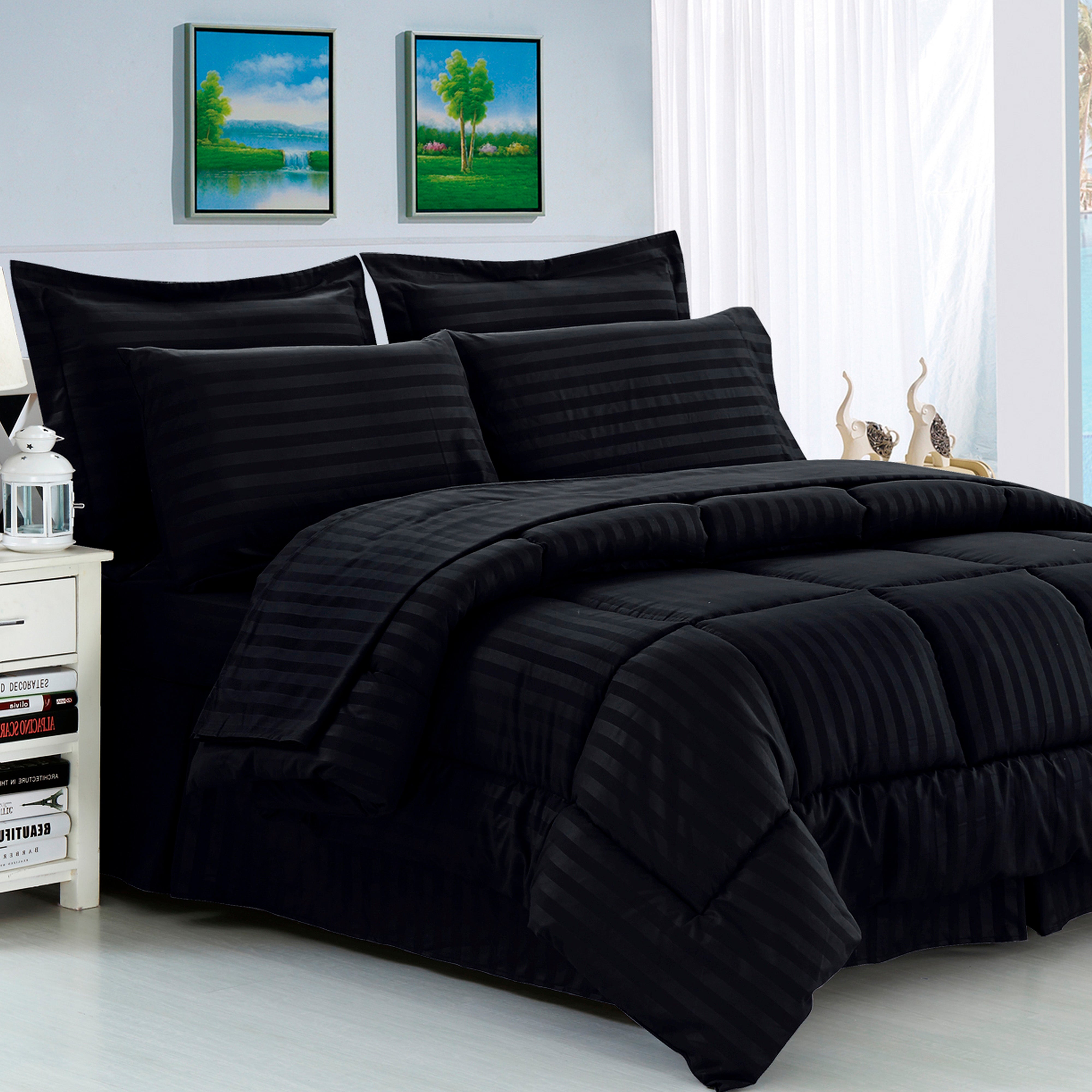 Everlaneas 8-Piece Dobby Stripe Comforter Set - Includes 4-Piece Sheet Set with Double Sided Storage Pockets