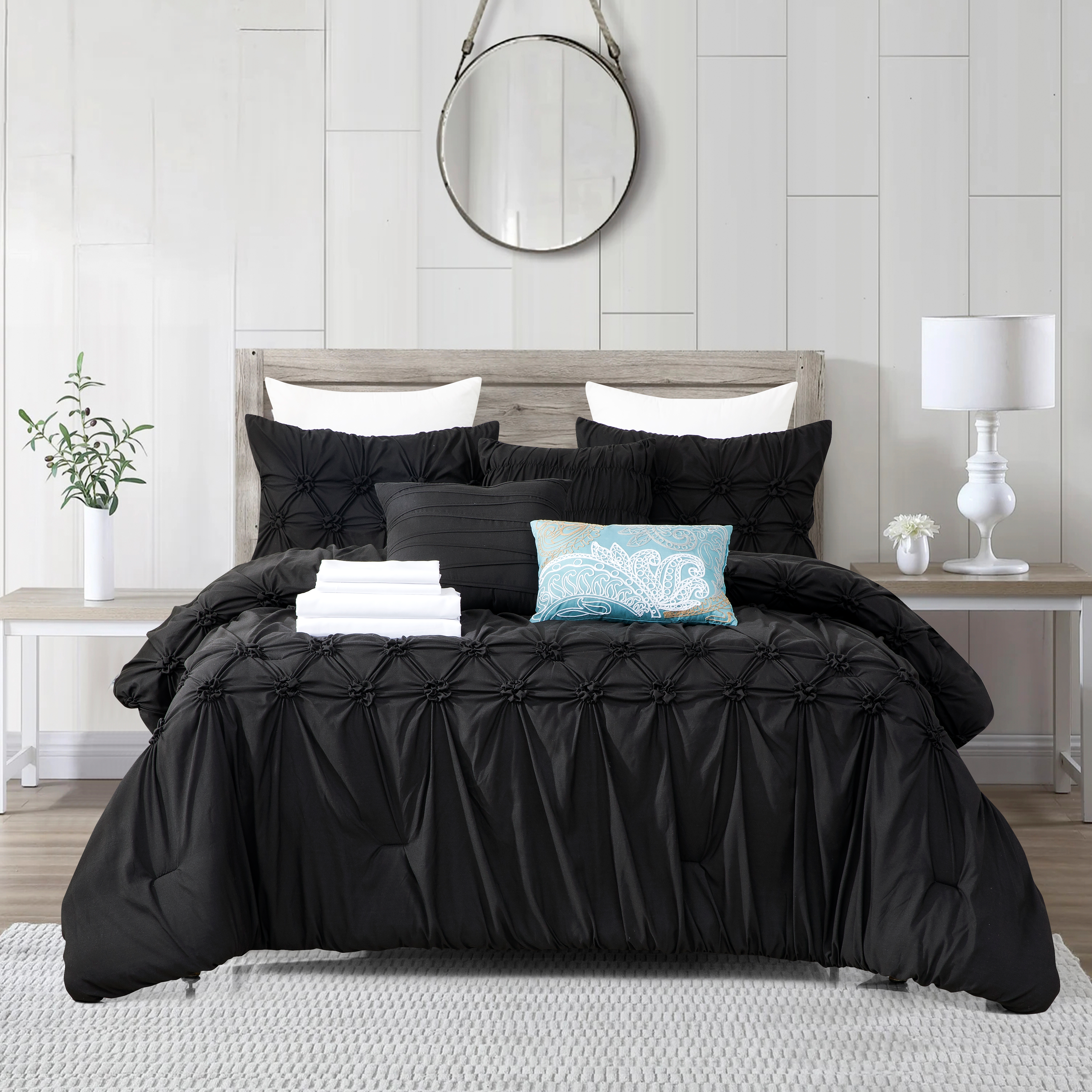 Everlaneas 12-Piece Ella Pleated Ruched Pintuck Comforter Set, Includes 6-Piece Sheet Set with Double Sided Storage Pockets