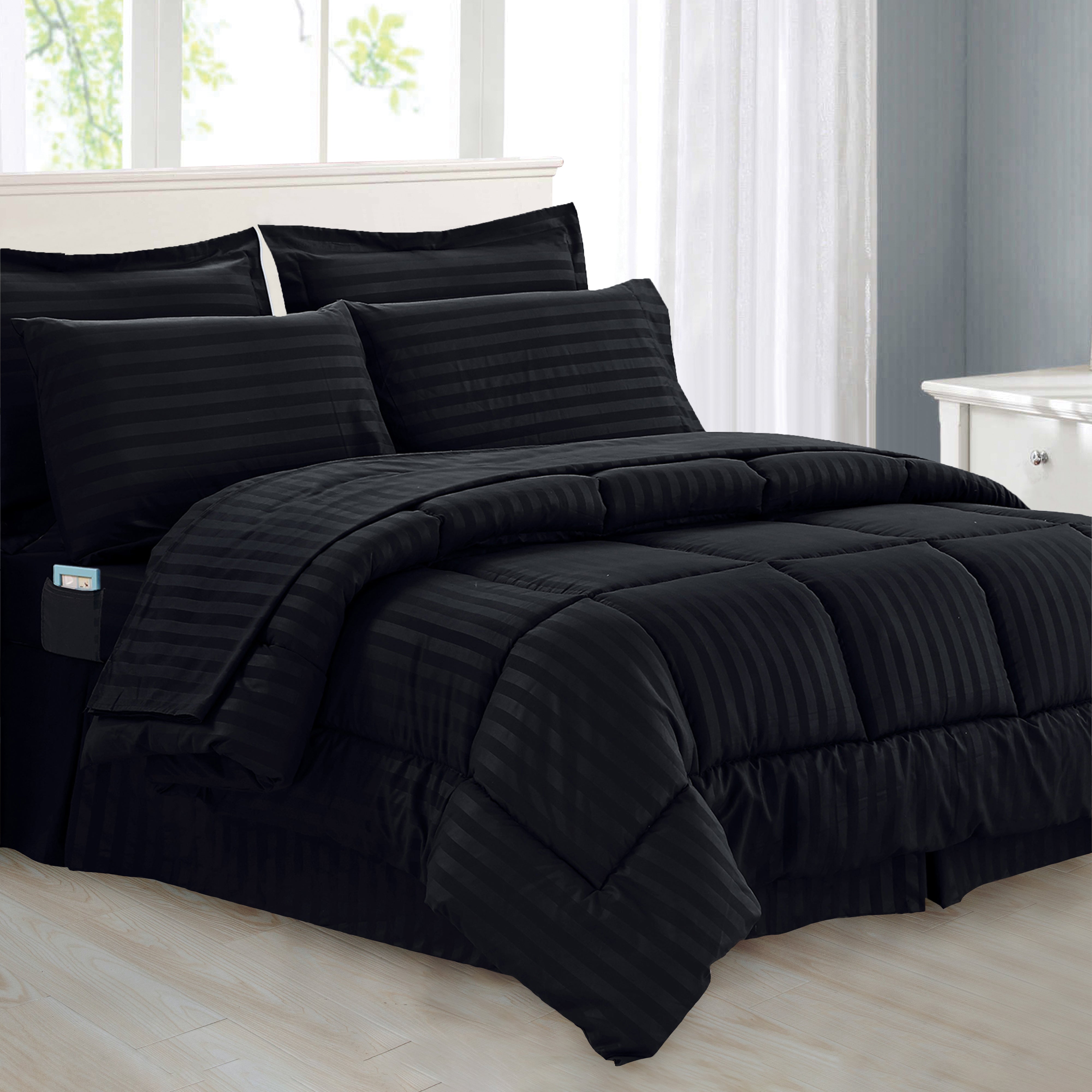 Everlaneas 8-Piece Dobby Stripe Comforter Set - Includes 4-Piece Sheet Set with Double Sided Storage Pockets