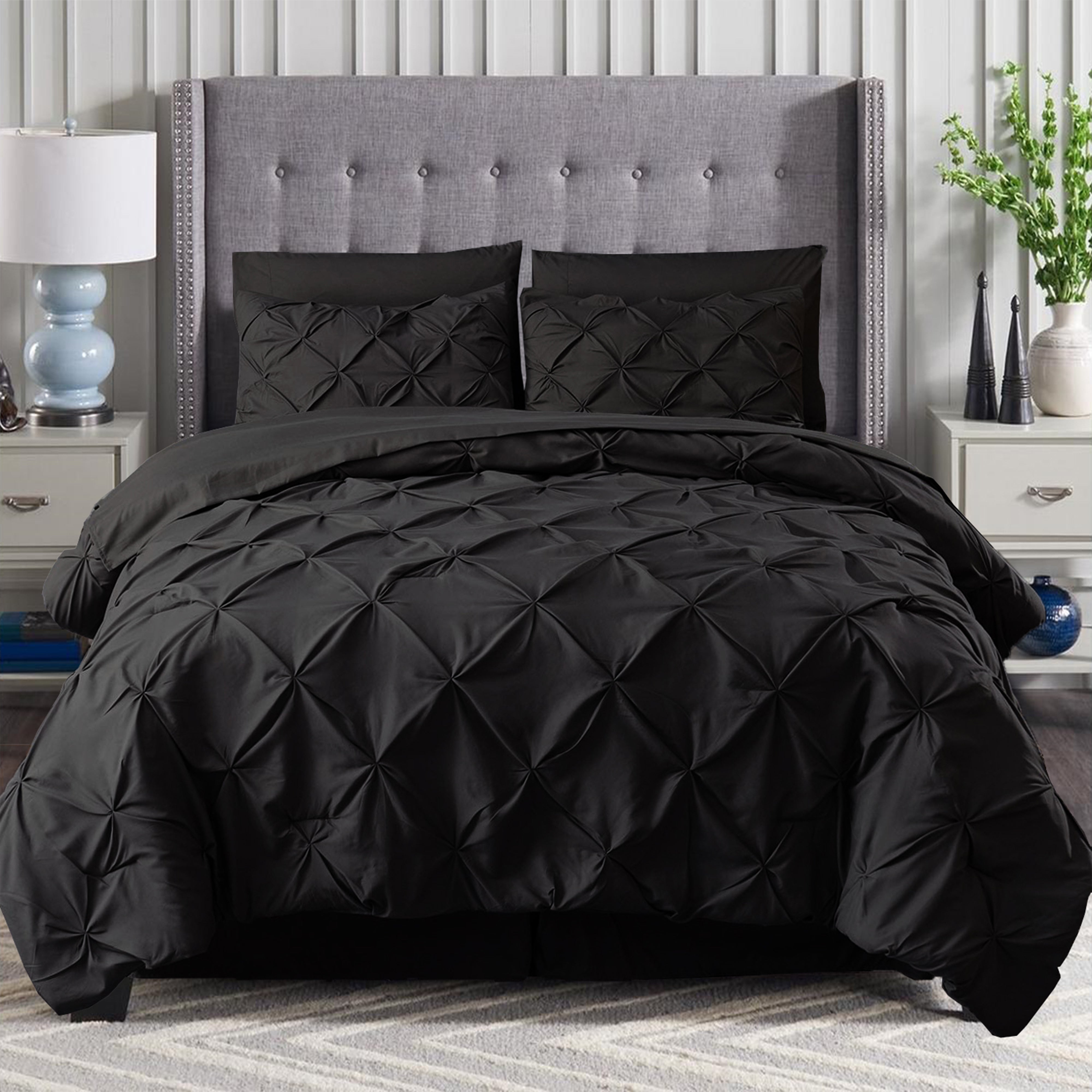Everlaneas 8-Piece Pintuck Pinch Pleated Comforter Set - Includes 4-Piece Sheet Set with Double Sided Storage Pockets