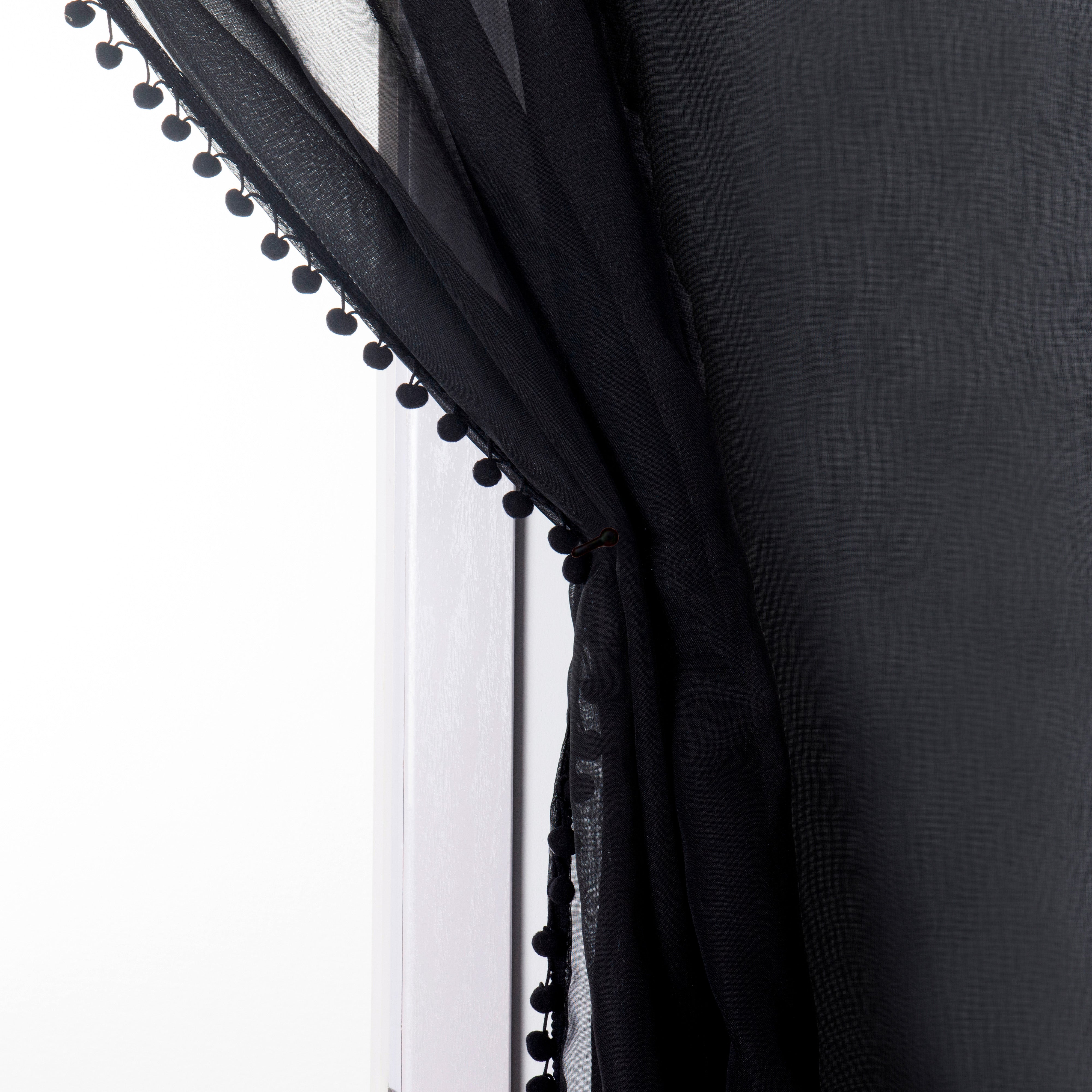 Everlaneas Set of 2 Pom Pom Tasseled Sheer Curtain - Rod Pocket