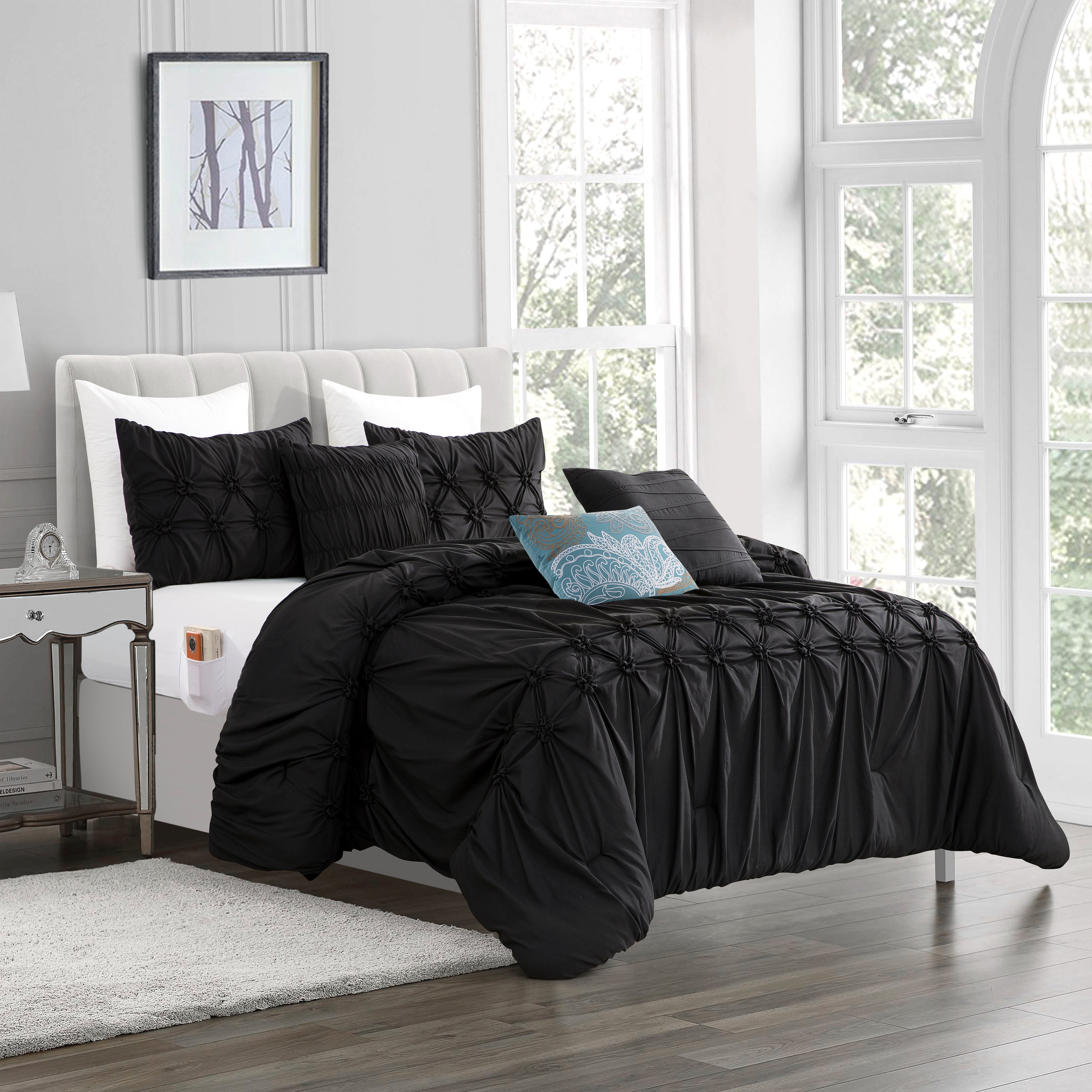 Everlaneas 12-Piece Ella Pleated Ruched Pintuck Comforter Set, Includes 6-Piece Sheet Set with Double Sided Storage Pockets