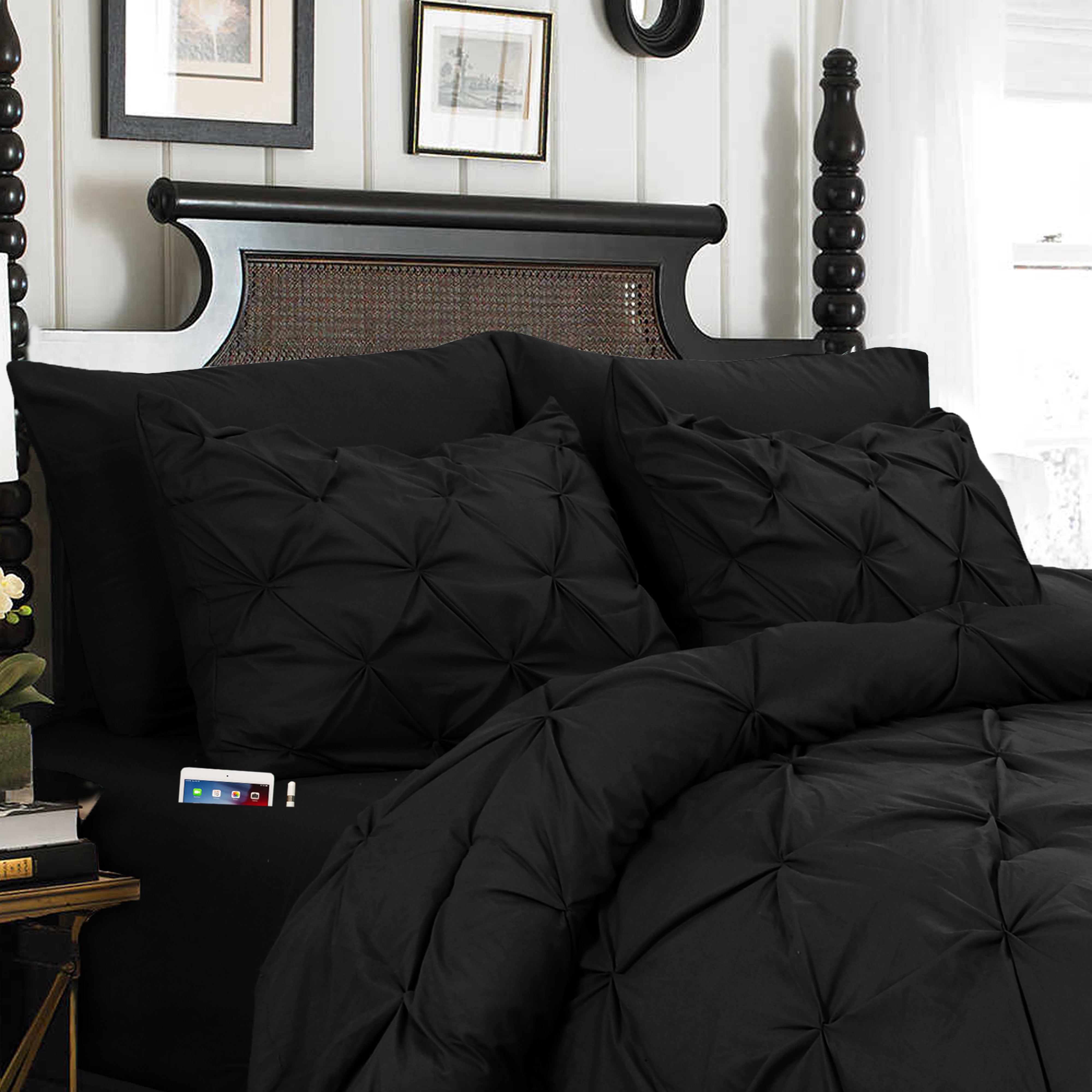 Everlaneas 8-Piece Pintuck Pinch Pleated Comforter Set - Includes 4-Piece Sheet Set with Double Sided Storage Pockets