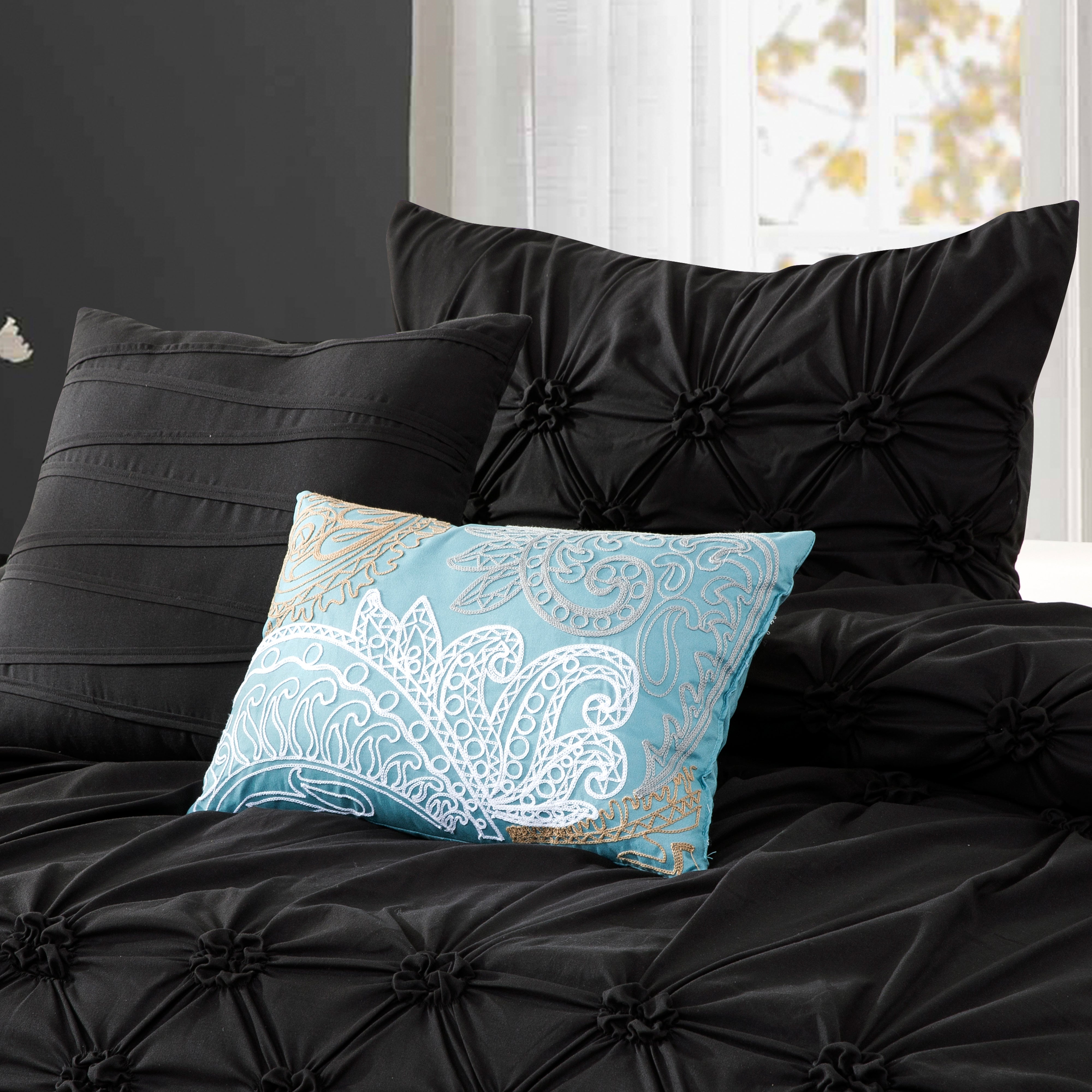 Everlaneas 12-Piece Ella Pleated Ruched Pintuck Comforter Set, Includes 6-Piece Sheet Set with Double Sided Storage Pockets